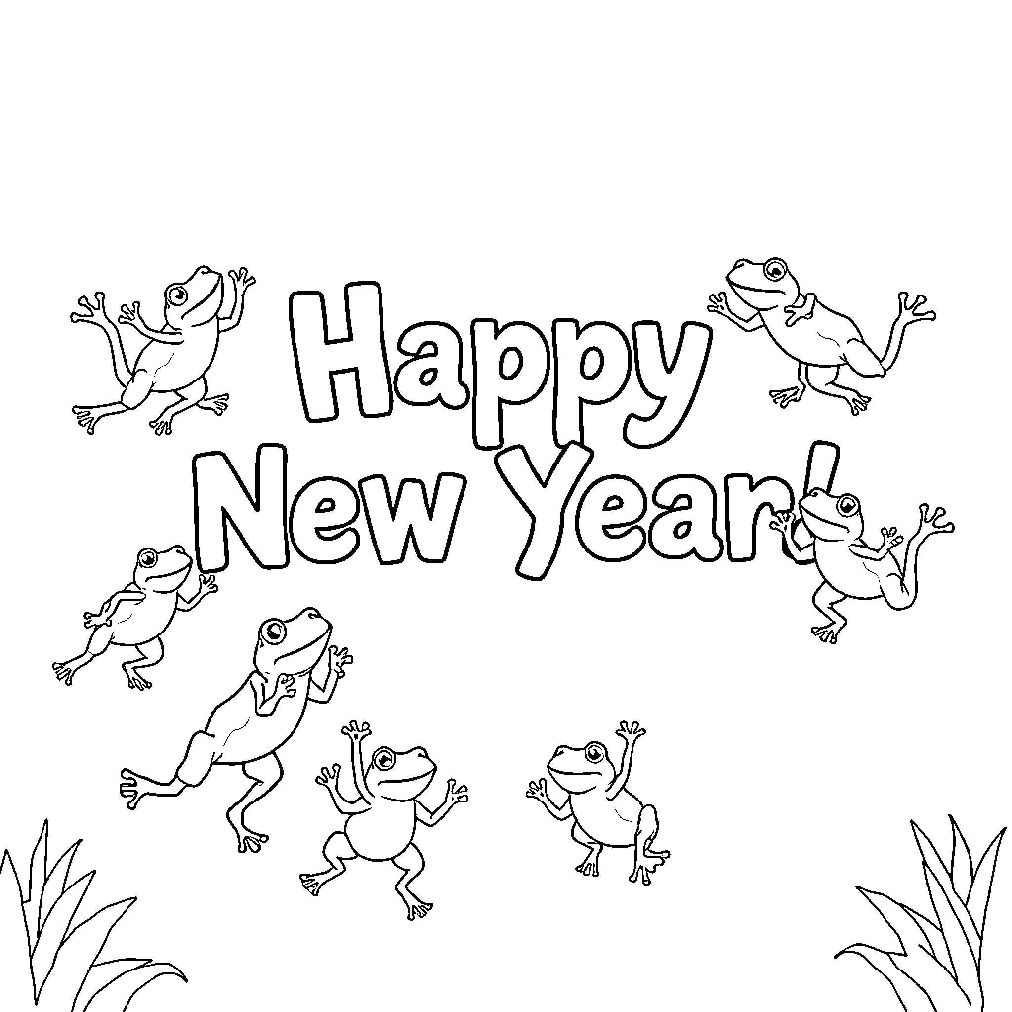 Frogs celebrating Happy New Year Coloring Page (free black-and-white line drawing printable PDF for all, from beginners to advanced learners, including children, teens, adults, and seniors)