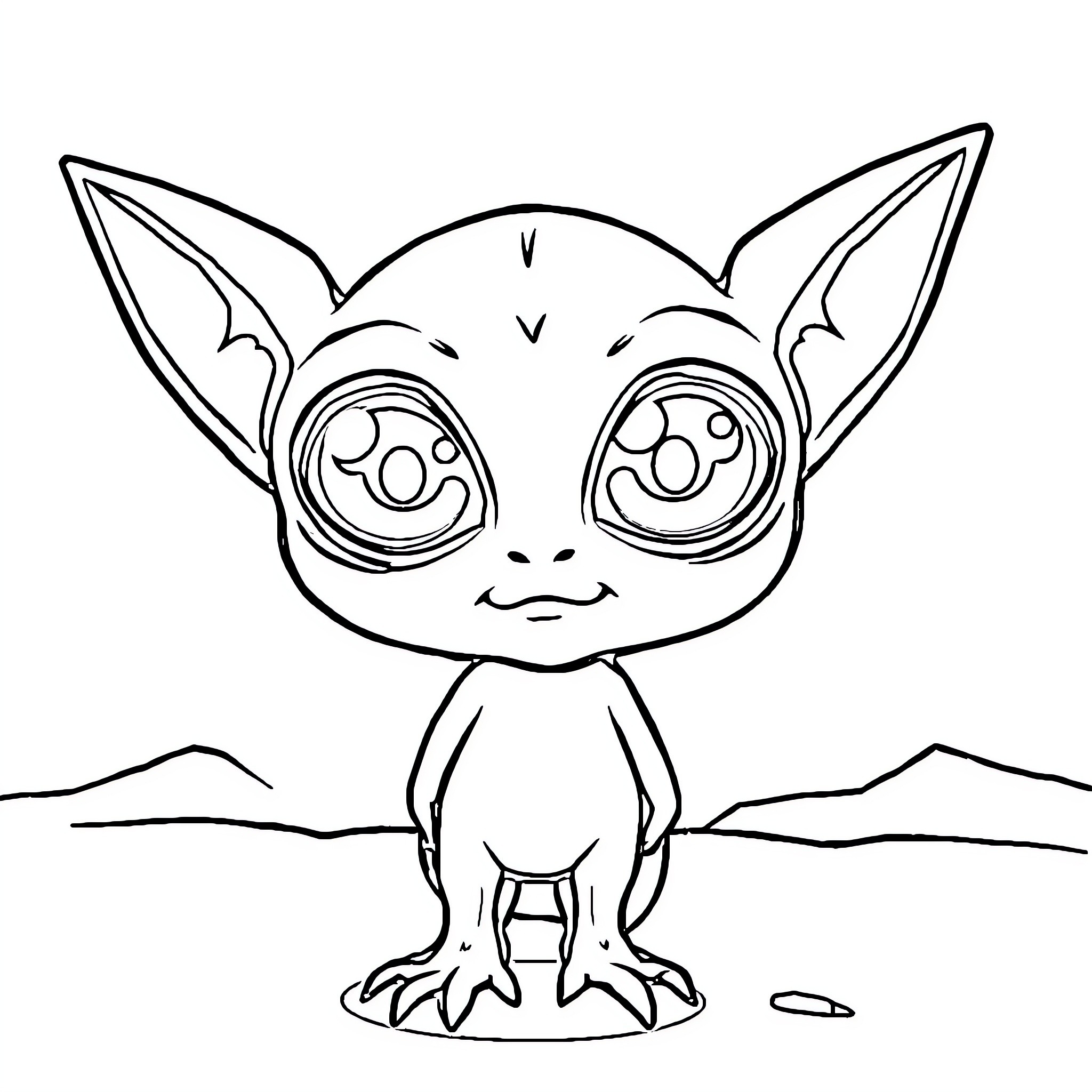 Extraterrestrial creature with large eyes in landscape Coloring Page (free black-and-white line drawing printable PDF for all, from beginners to advanced learners, including children, teens, adults, and seniors)