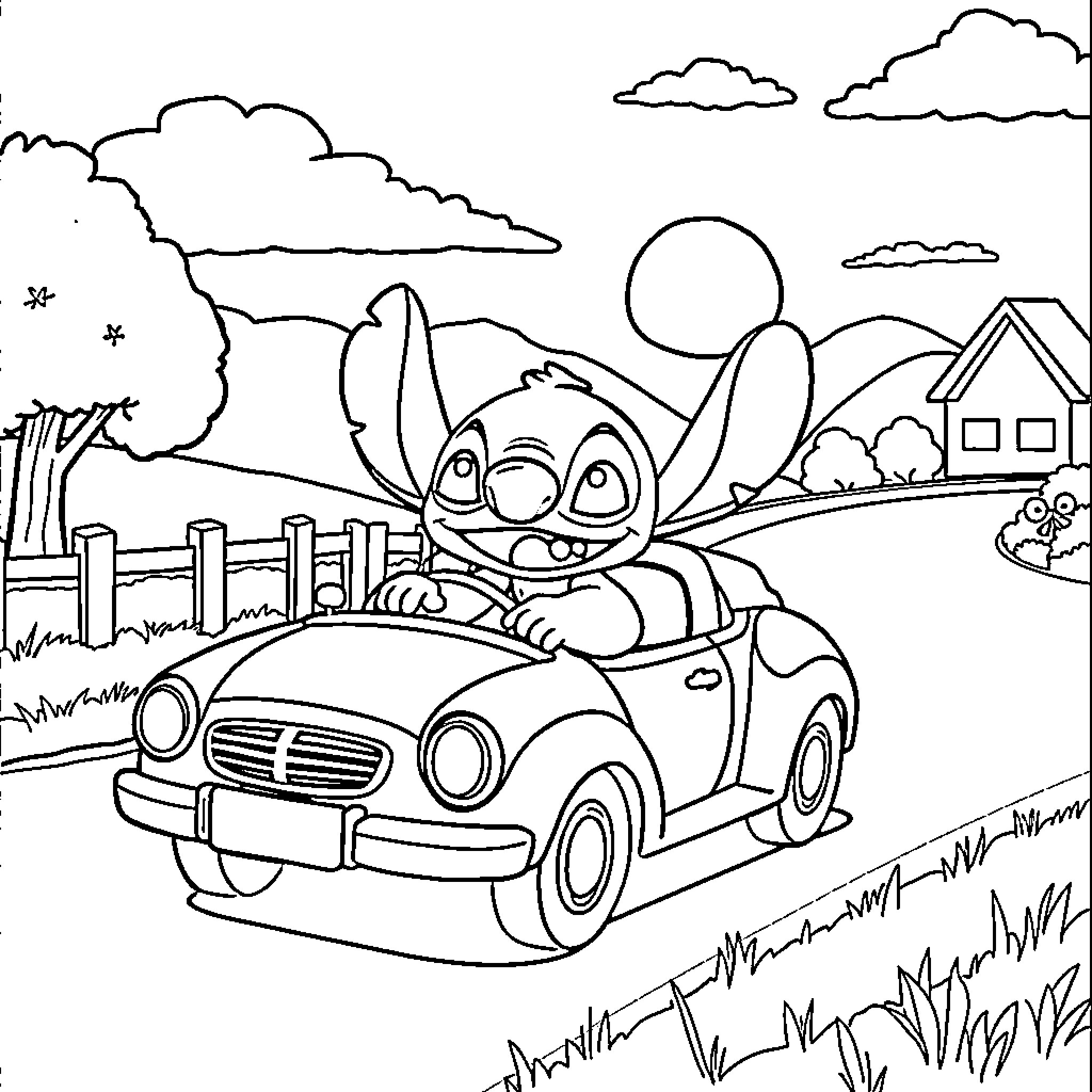 Stitch driving a car through a scenic countryside Coloring Page (free black-and-white line drawing printable PDF for all, from beginners to advanced learners, including children, teens, adults, and seniors)