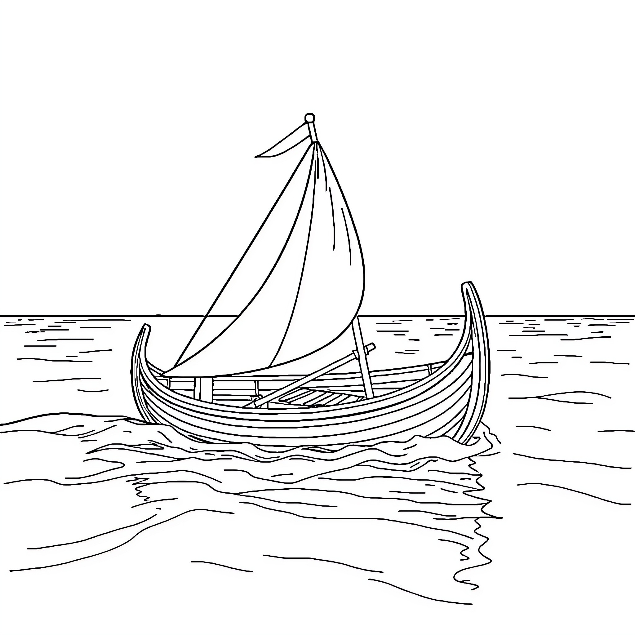 Pirogue sailing across the open waters Coloring Page (free black-and-white line drawing printable PDF for all, from beginners to advanced learners, including children, teens, adults, and seniors)