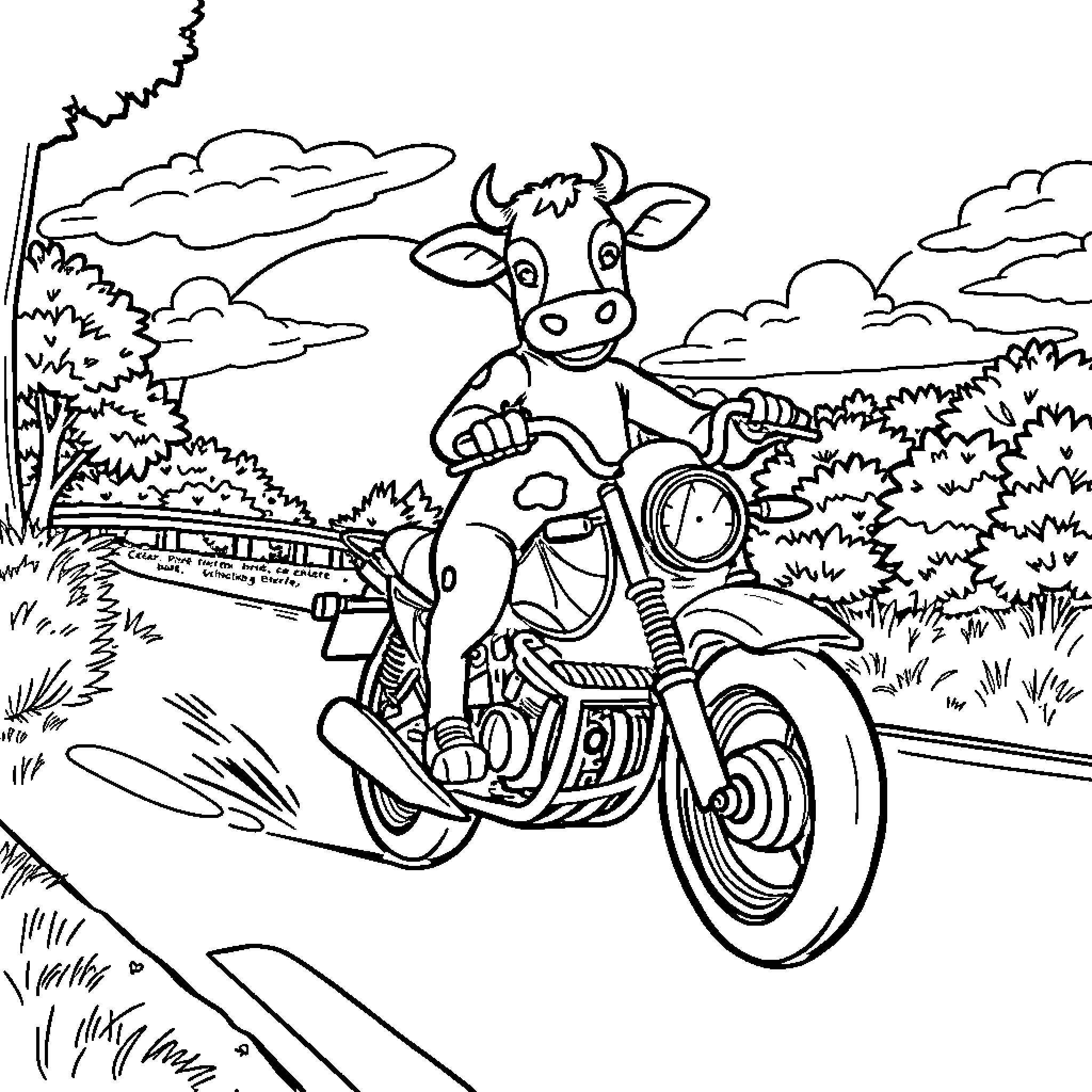 Cow riding motorcycle through nature Coloring Page (free black-and-white line drawing printable PDF for all, from beginners to advanced learners, including children, teens, adults, and seniors)