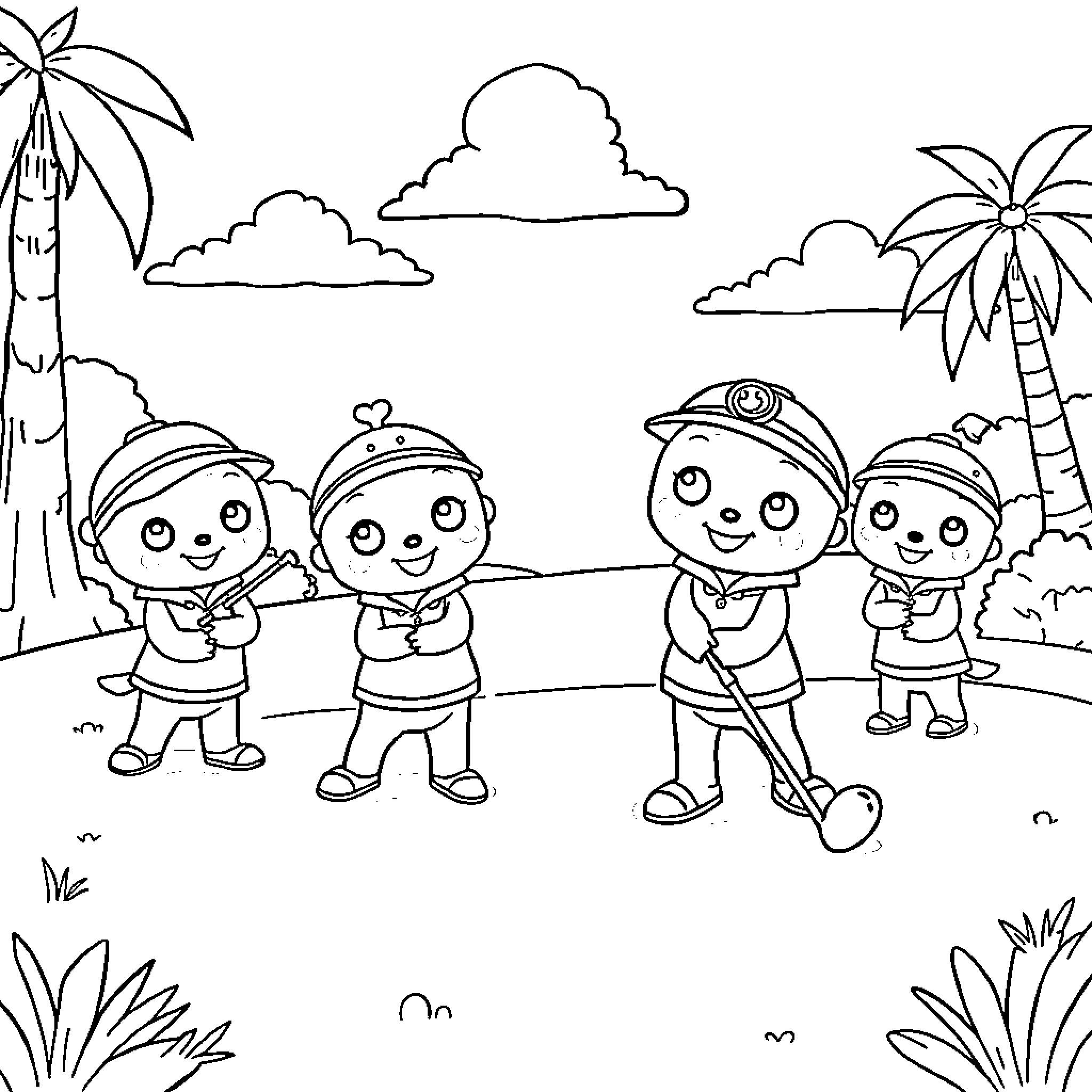 Octonauts on a tropical adventure Coloring Page (free black-and-white line drawing printable PDF for all, from beginners to advanced learners, including children, teens, adults, and seniors)