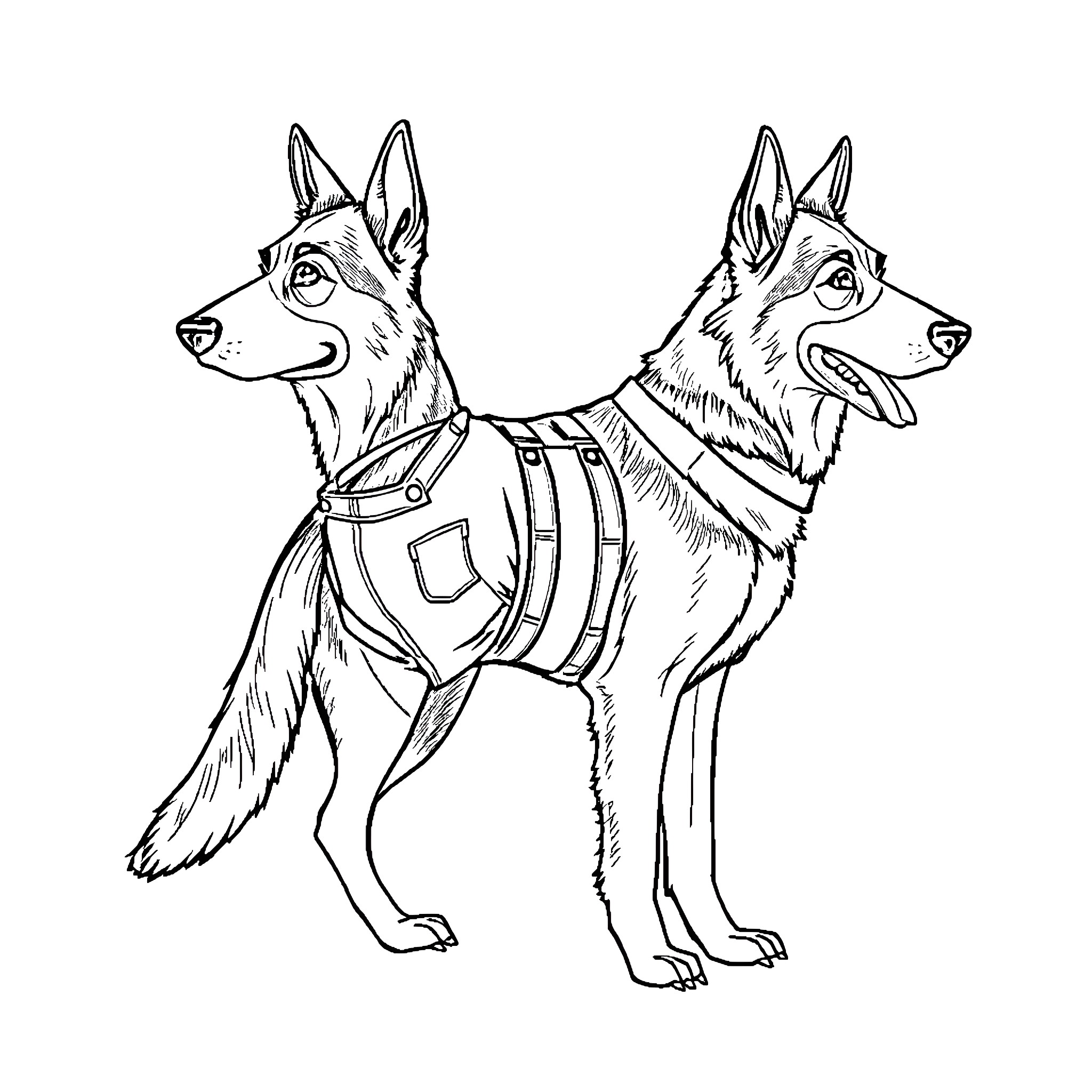 German Shepherd Working Dogs in Harness Coloring Page (free black-and-white line drawing printable PDF for all, from beginners to advanced learners, including children, teens, adults, and seniors)