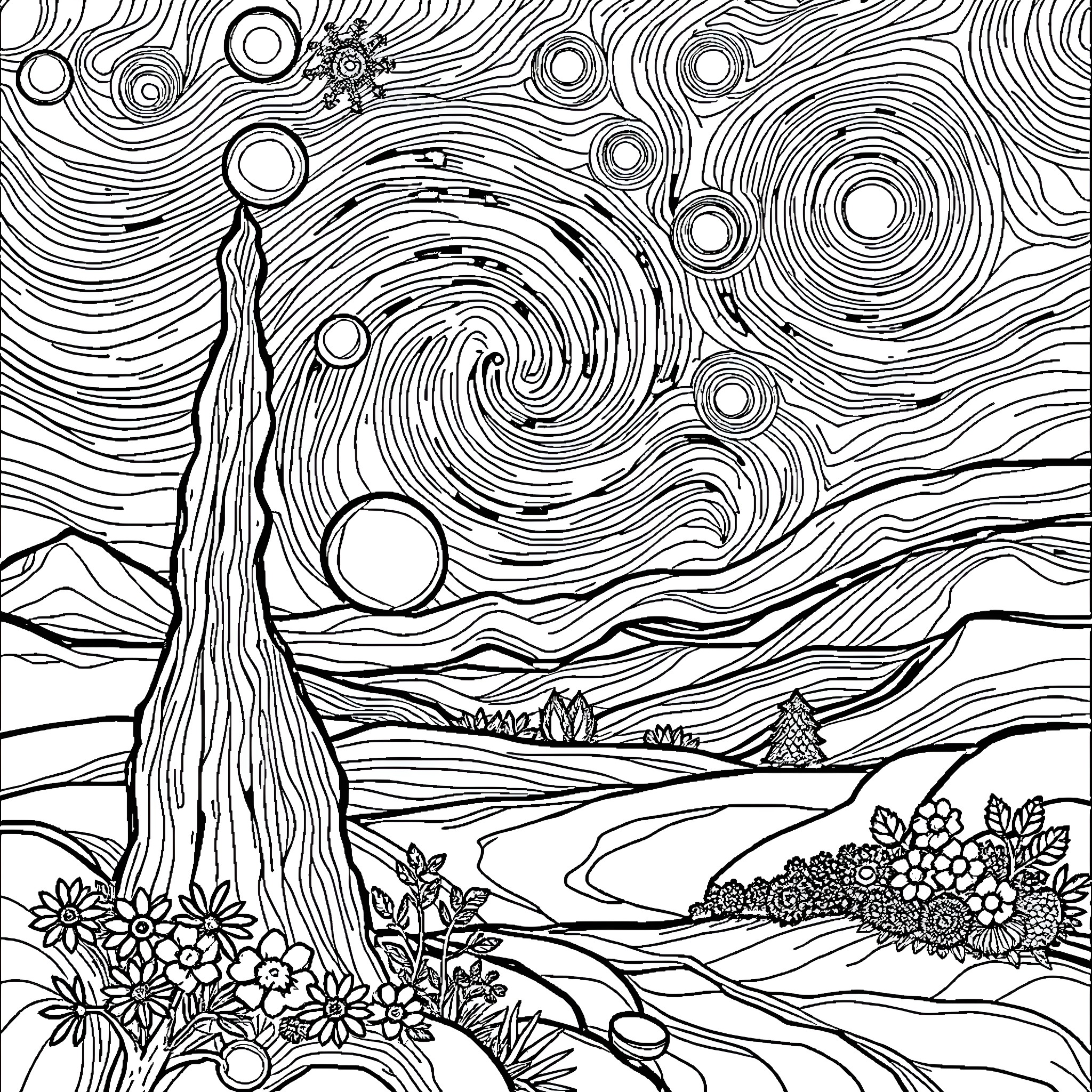 Landscape of Flowing Patterns and Organic Forms Coloring Page (free black-and-white line drawing printable PDF for all, from beginners to advanced learners, including children, teens, adults, and seniors)