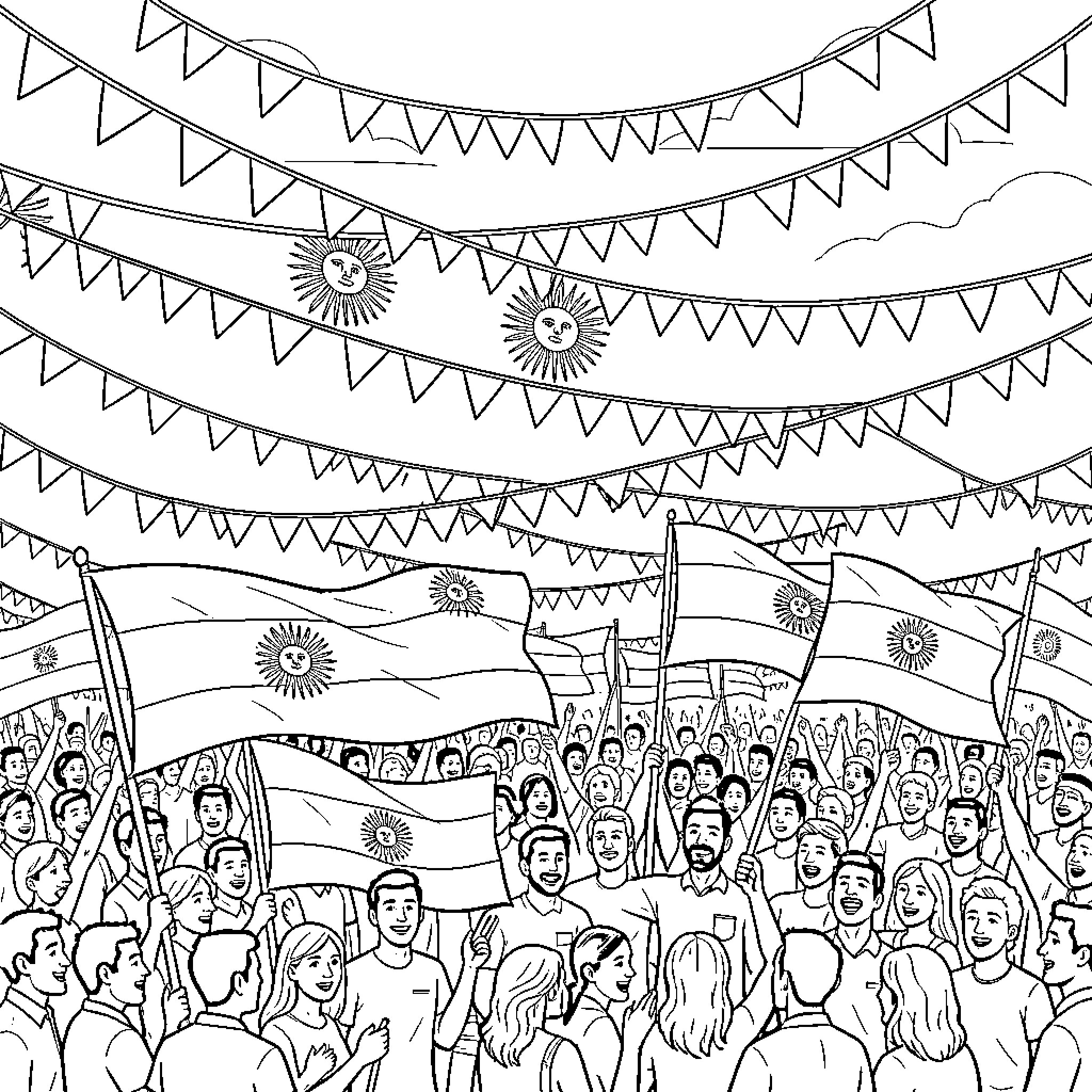 Club Celebration with Festive Flags and Crowds Coloring Page (free black-and-white line drawing printable PDF for all, from beginners to advanced learners, including children, teens, adults, and seniors)