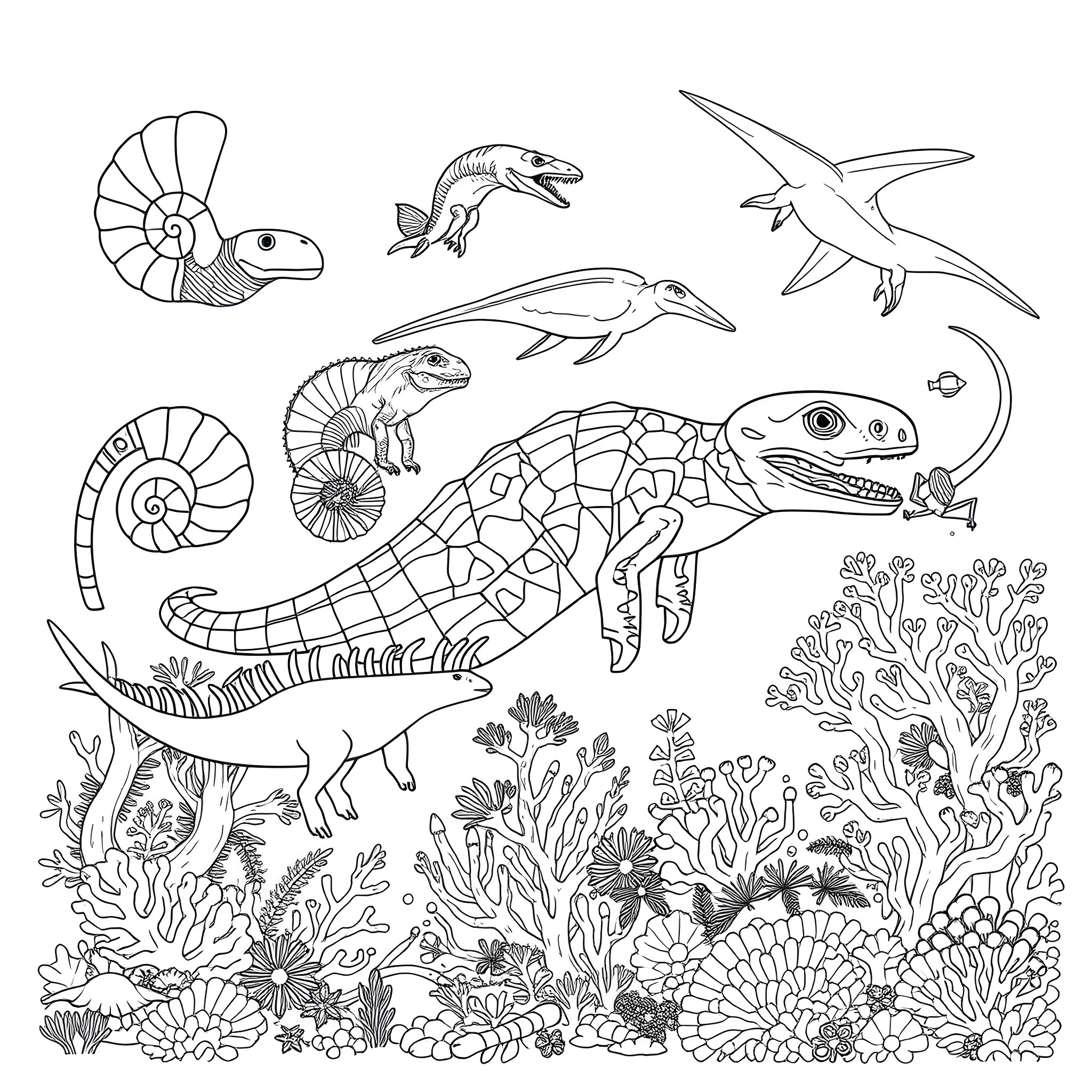 Ocean Creatures Exploring the Underwater World Coloring Page (free black-and-white line drawing printable PDF for all, from beginners to advanced learners, including children, teens, adults, and seniors)