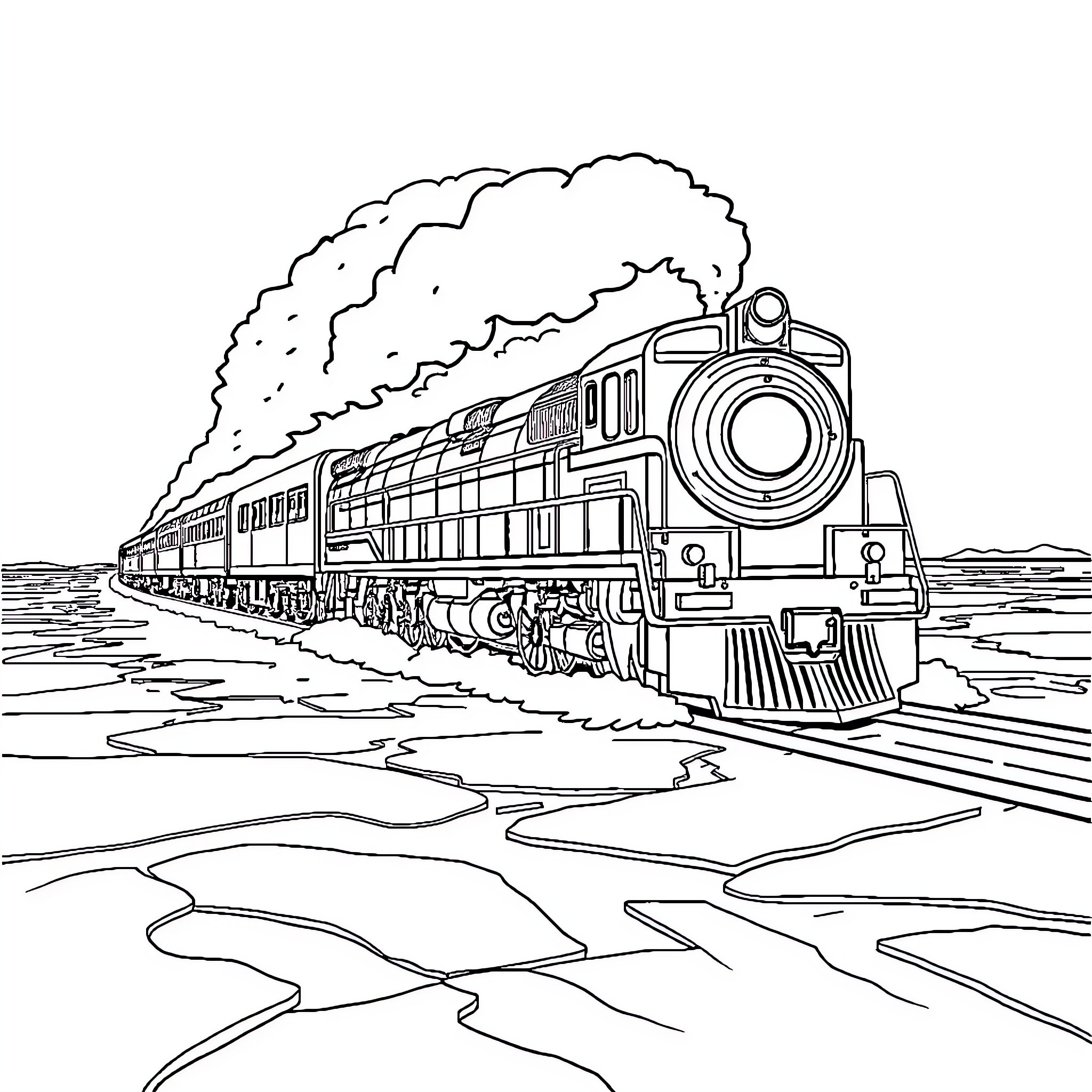 Polar Express train journeying through snowy landscape Coloring Page (free black-and-white line drawing printable PDF for all, from beginners to advanced learners, including children, teens, adults, and seniors)