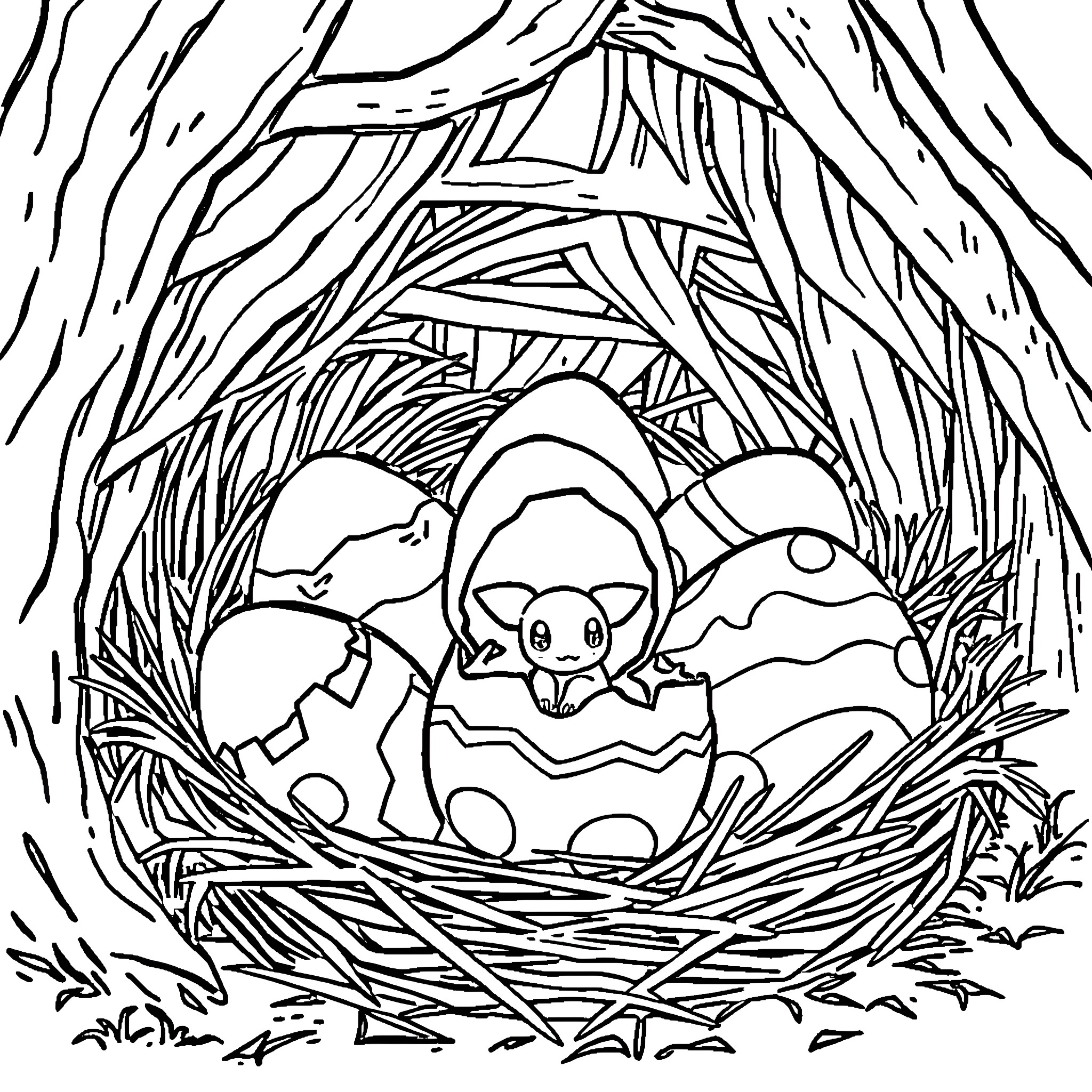Pokemon Egg Hatching in a Cozy Nest Coloring Page (free black-and-white line drawing printable PDF for all, from beginners to advanced learners, including children, teens, adults, and seniors)