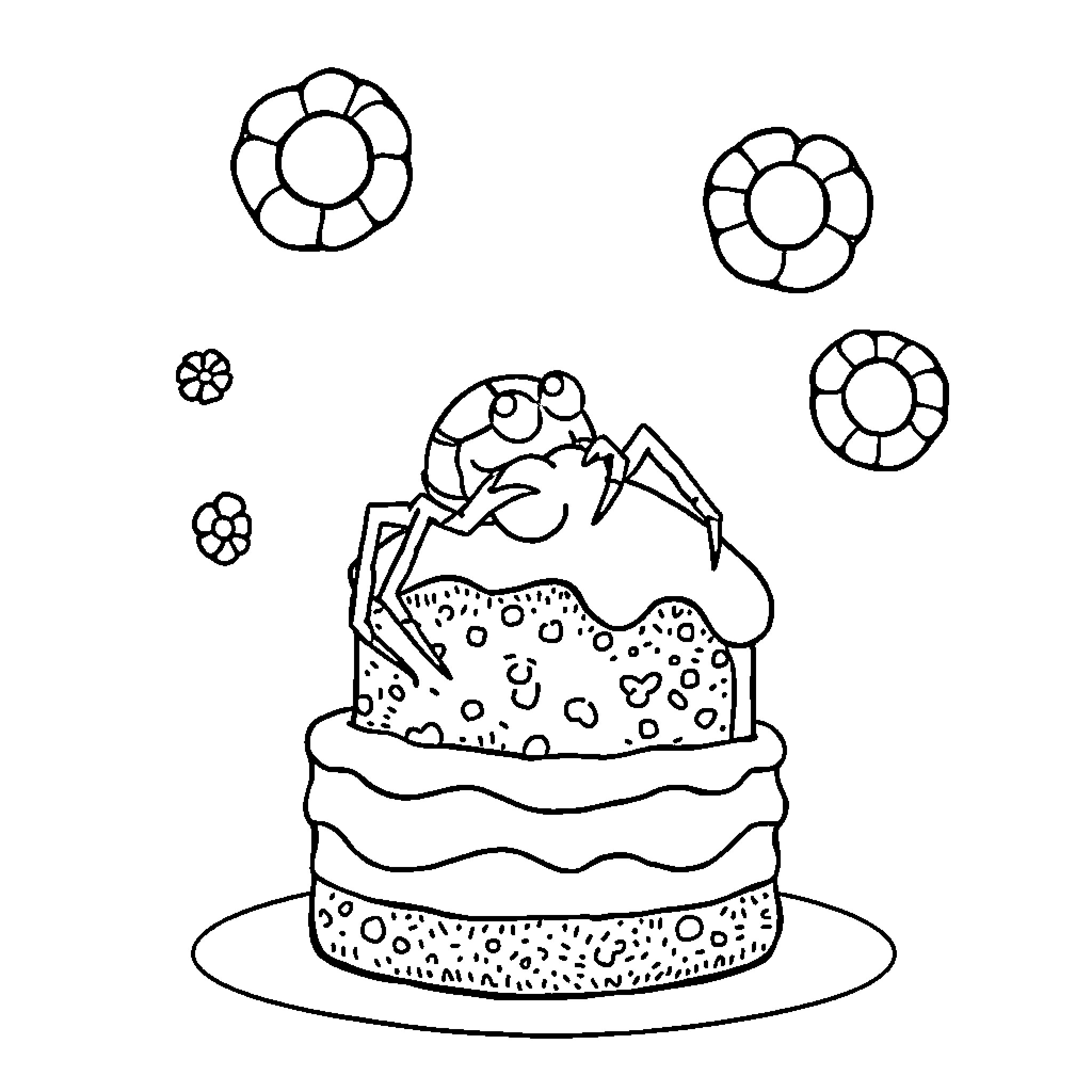 Spider cake with decorative flowers Coloring Page (free black-and-white line drawing printable PDF for all, from beginners to advanced learners, including children, teens, adults, and seniors)