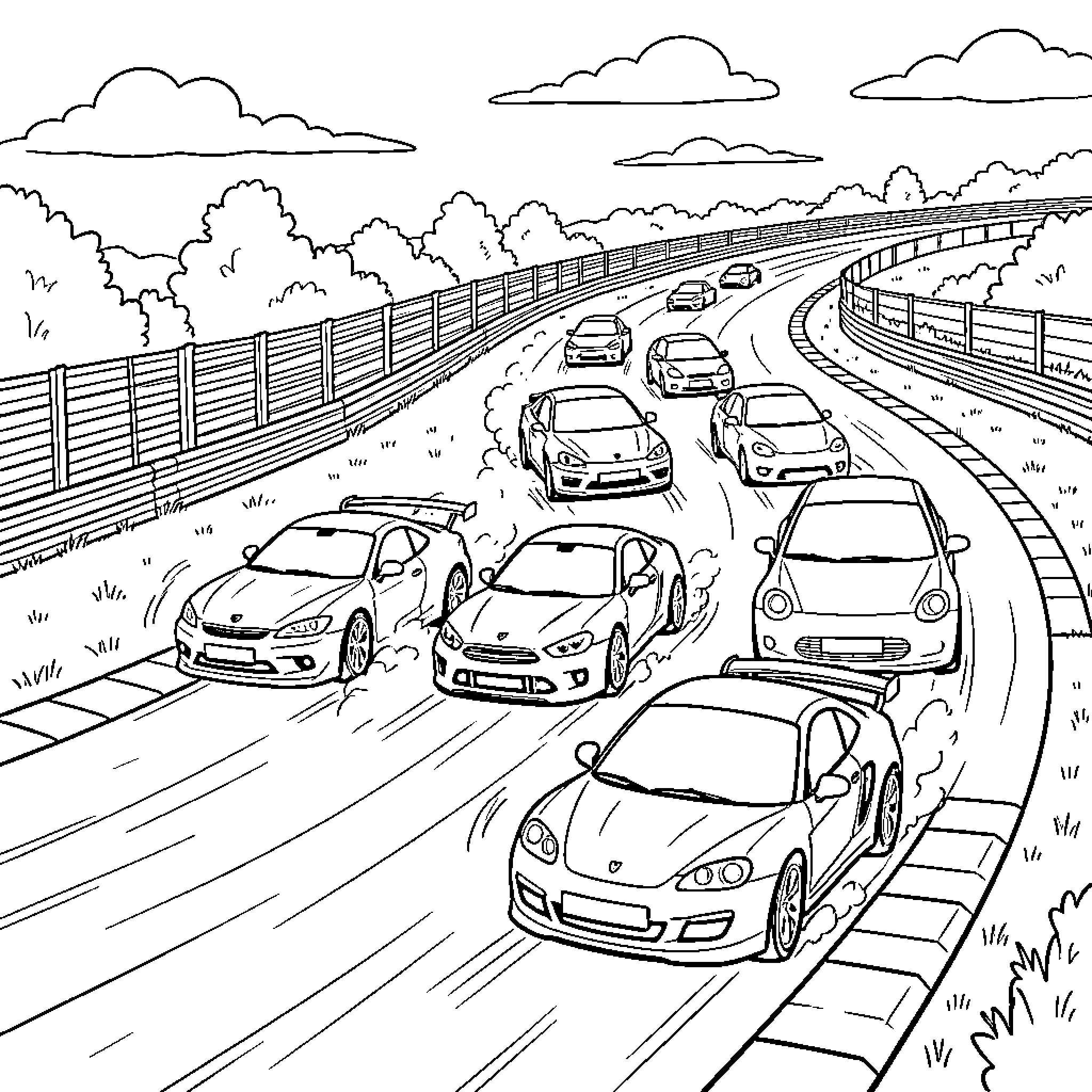 Car traffic on the highway during the day Coloring Page (free black-and-white line drawing printable PDF for all, from beginners to advanced learners, including children, teens, adults, and seniors)