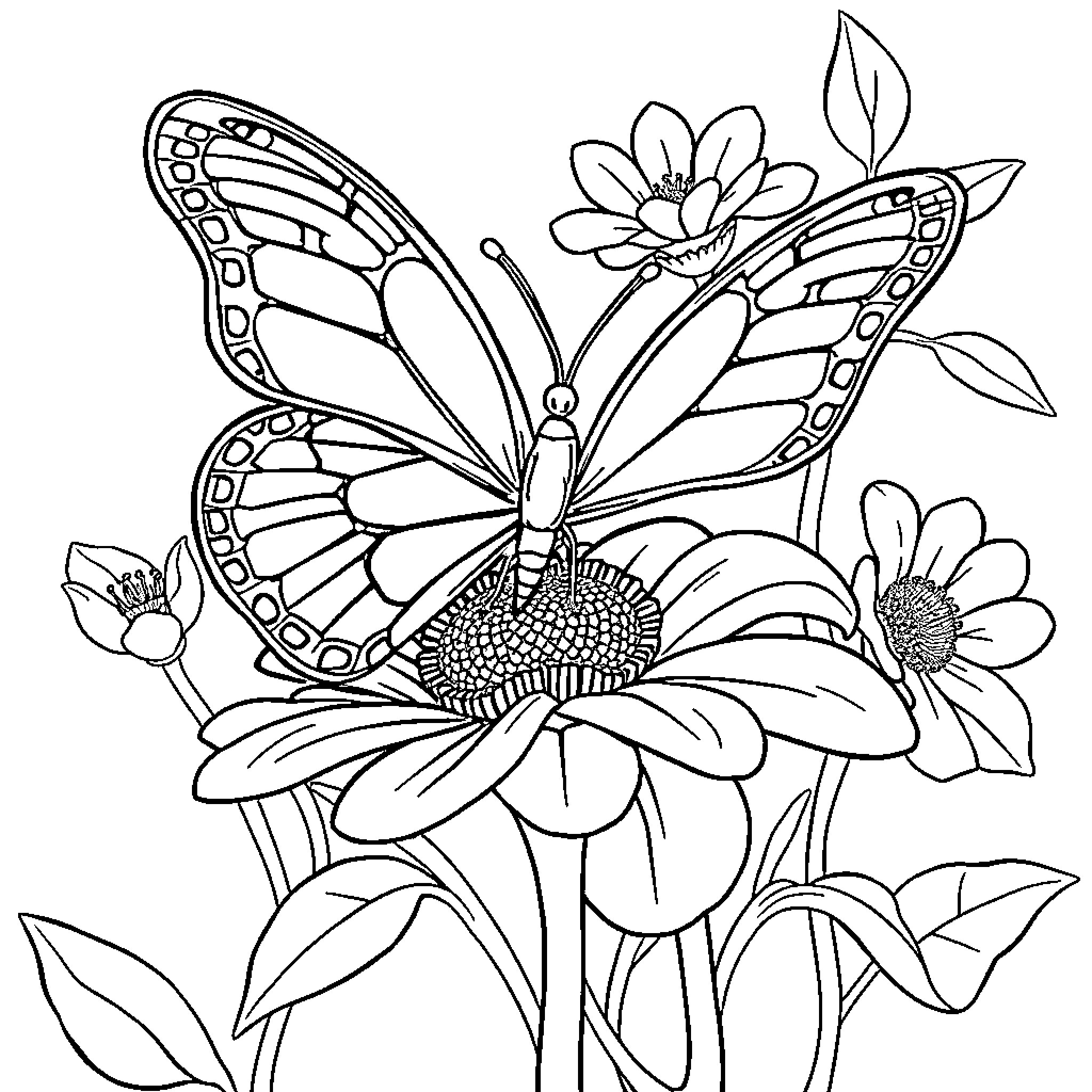 Butterfly resting on beautiful flowers Coloring Page (free black-and-white line drawing printable PDF for all, from beginners to advanced learners, including children, teens, adults, and seniors)