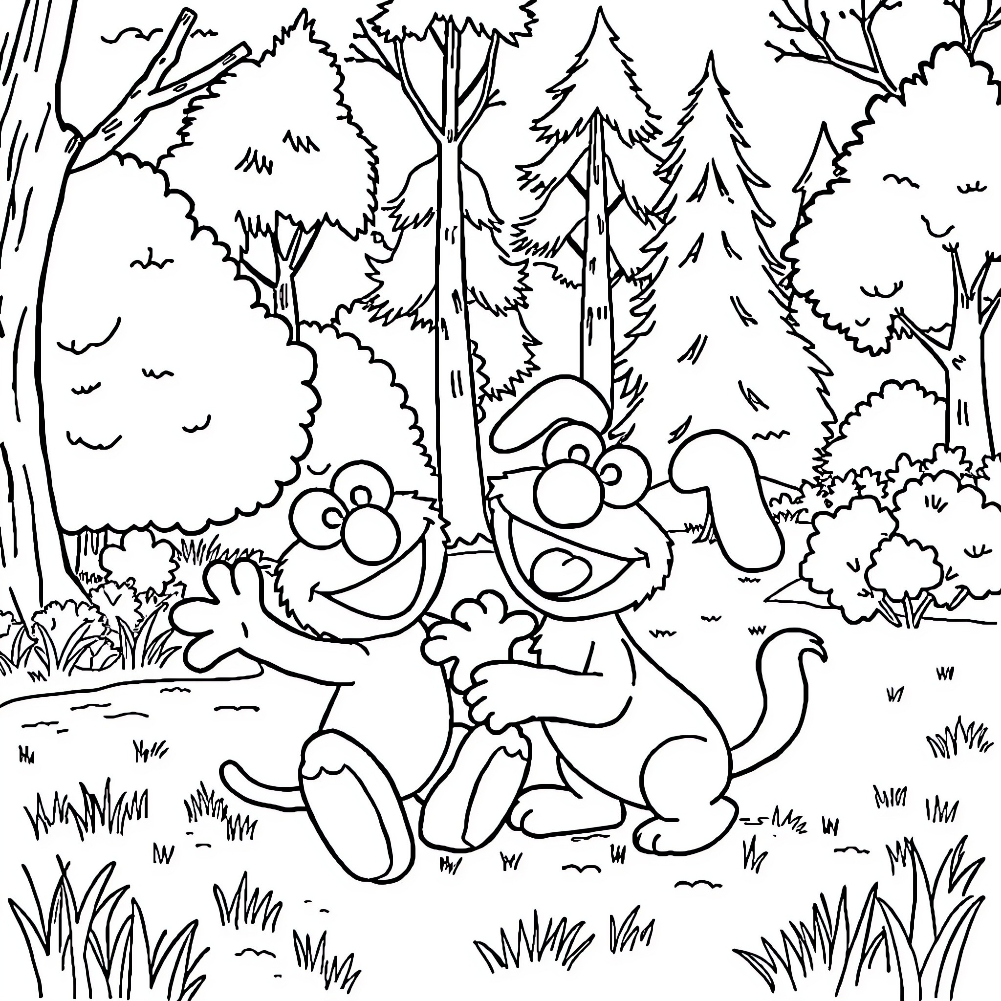 Elmo and friends exploring the forest Coloring Page (free black-and-white line drawing printable PDF for all, from beginners to advanced learners, including children, teens, adults, and seniors)