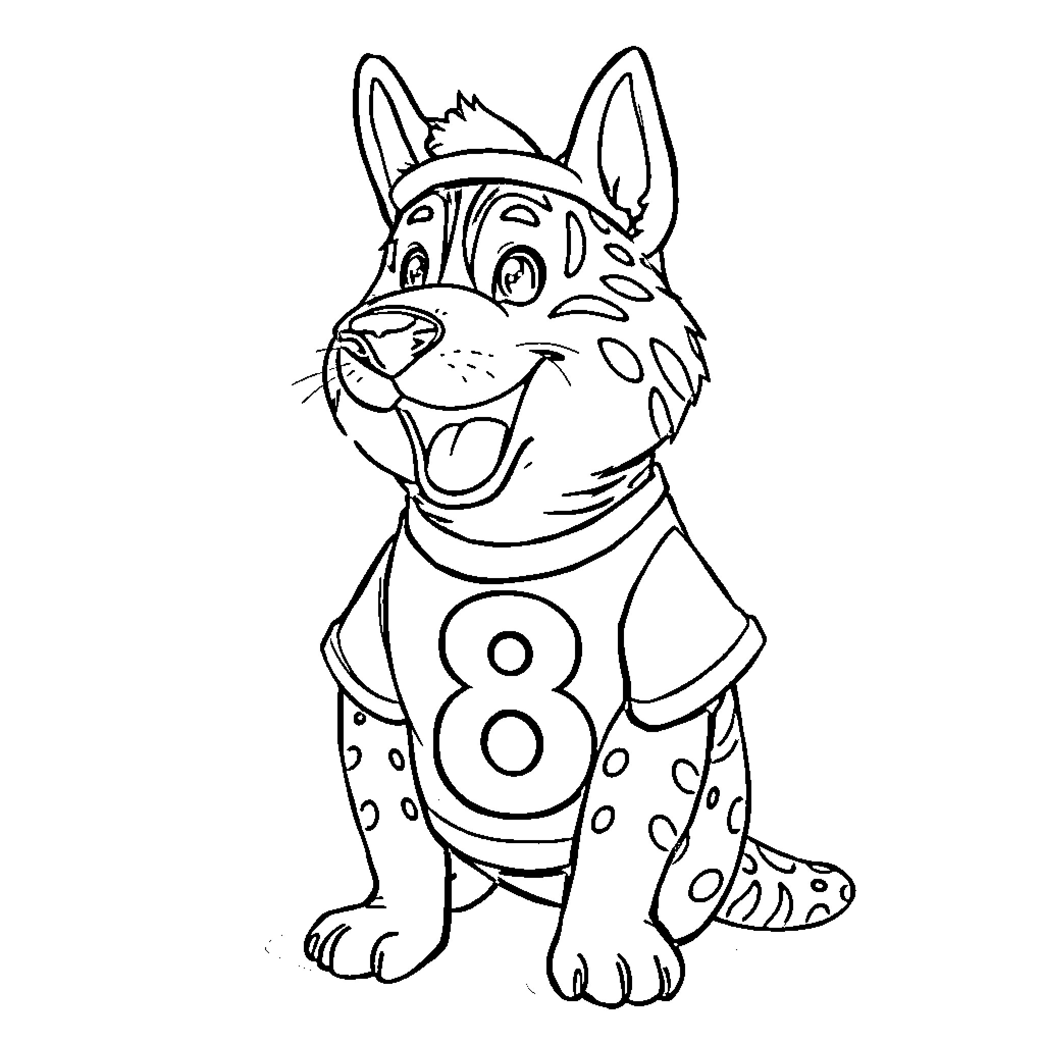 Dog wearing spotted outfit and smiling happily Coloring Page (free black-and-white line drawing printable PDF for all, from beginners to advanced learners, including children, teens, adults, and seniors)