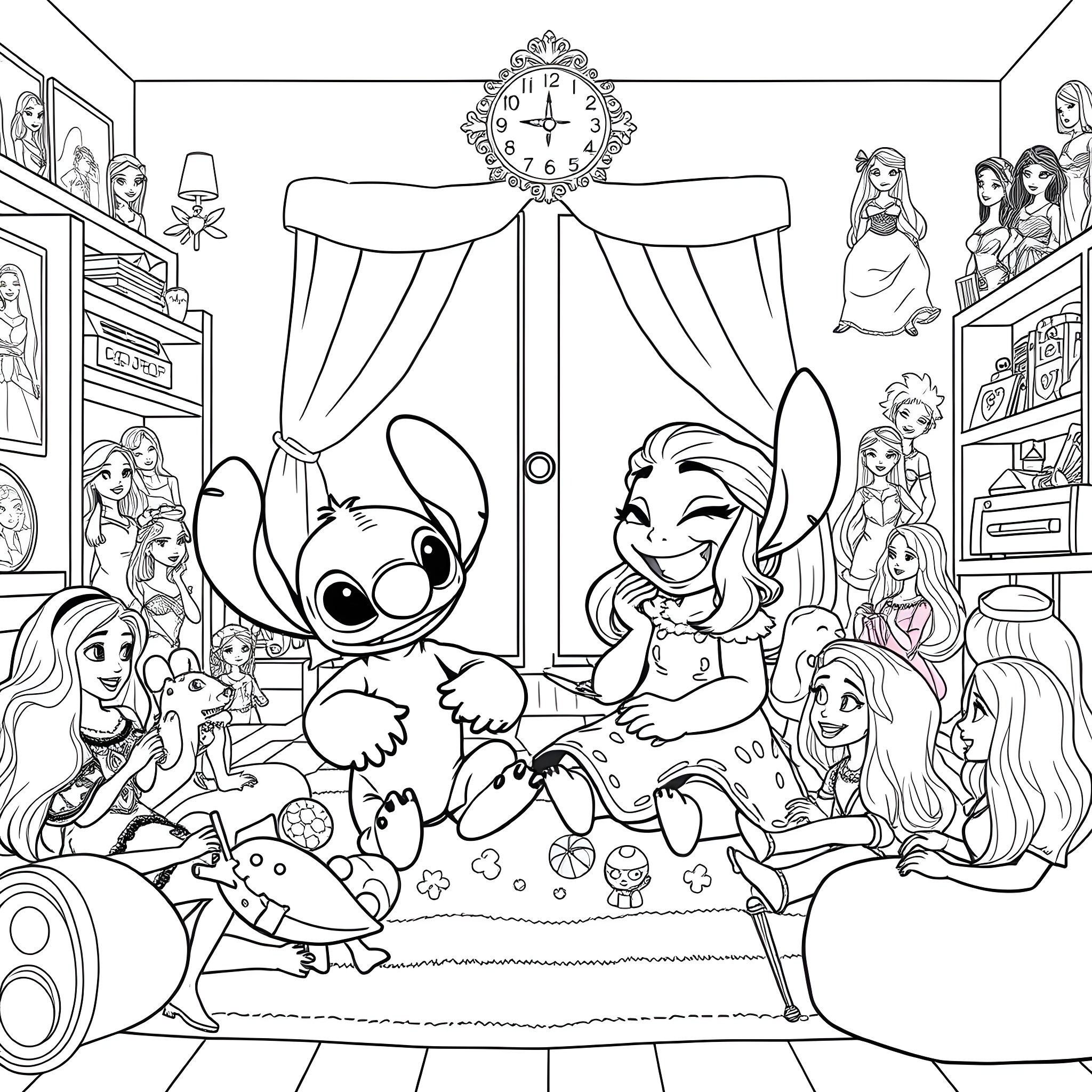 Lilo And Stitch playing joyfully in their cozy home Coloring Page (free black-and-white line drawing printable PDF for all, from beginners to advanced learners, including children, teens, adults, and seniors)