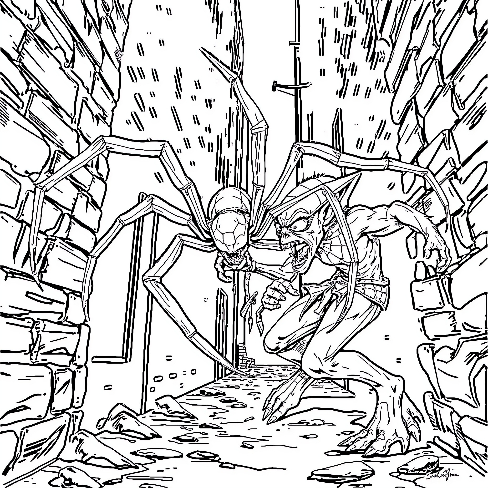 Spider-like creature battling in a ruined environment Coloring Page (free black-and-white line drawing printable PDF for all, from beginners to advanced learners, including children, teens, adults, and seniors)
