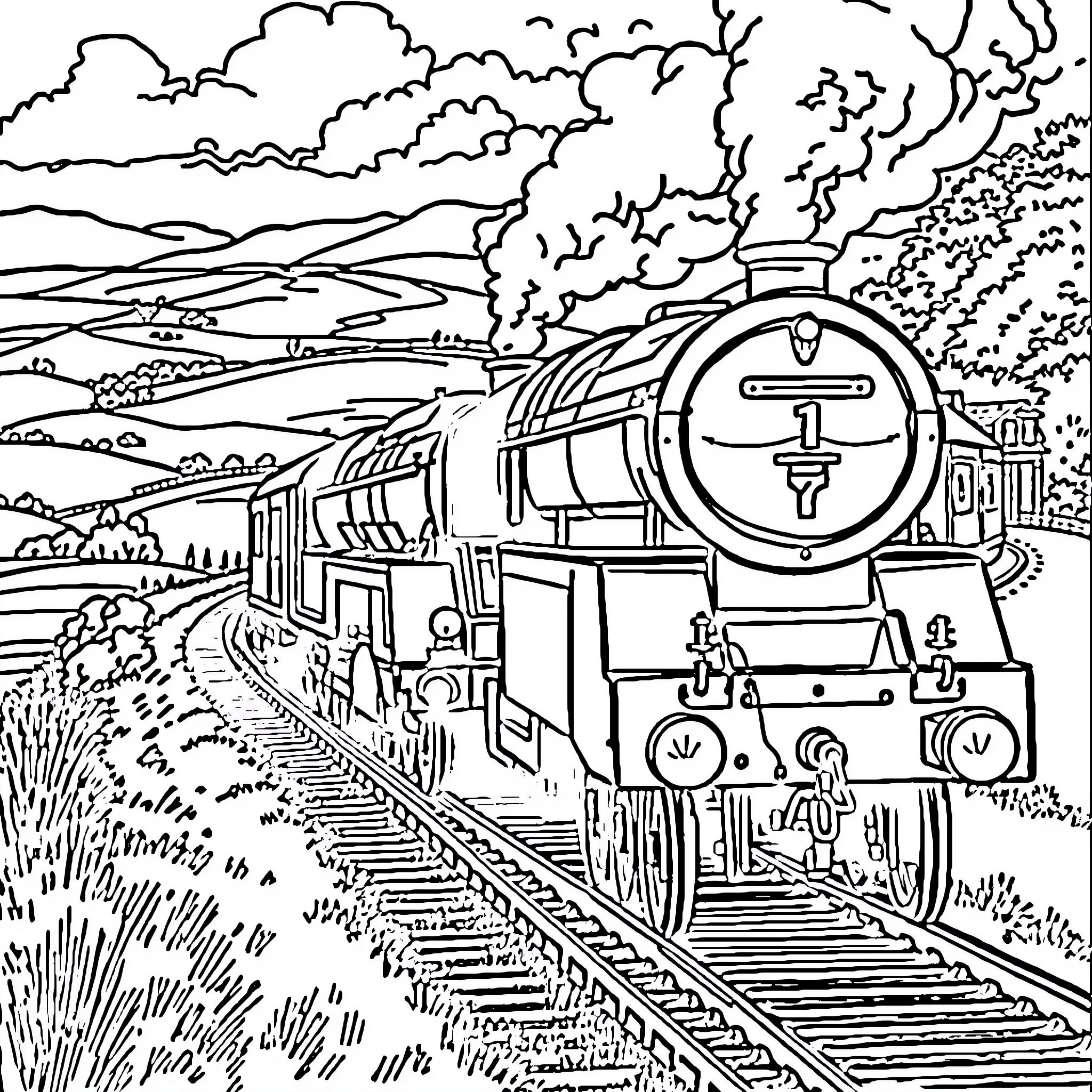 Train traveling through scenic countryside landscape Coloring Page (free black-and-white line drawing printable PDF for all, from beginners to advanced learners, including children, teens, adults, and seniors)