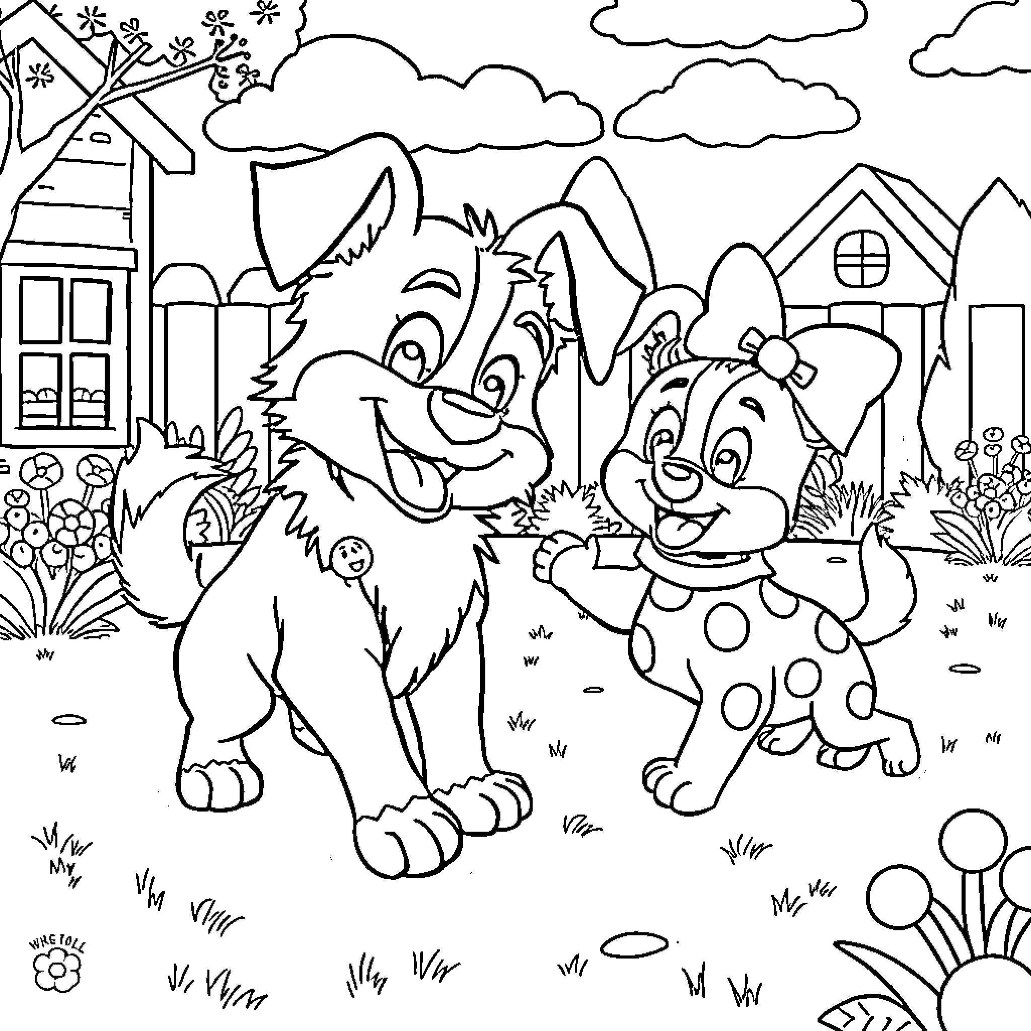 Bluey and Friends Explore the Neighborhood Coloring Page (free black-and-white line drawing printable PDF for all, from beginners to advanced learners, including children, teens, adults, and seniors)