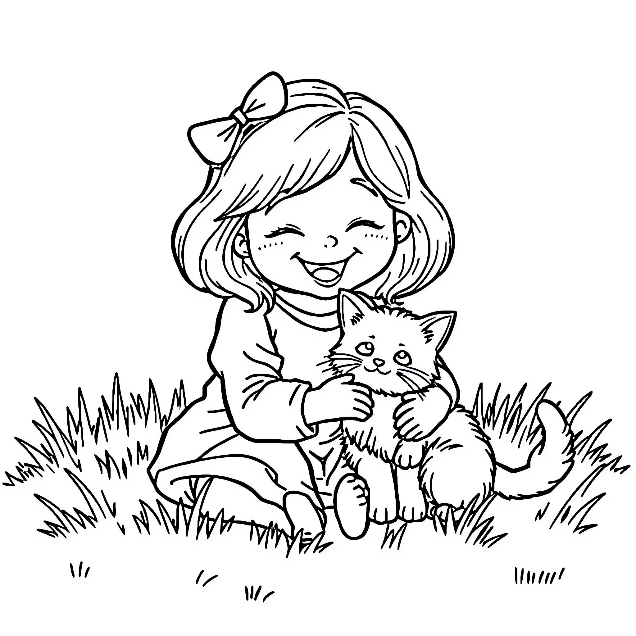 Girl playing with a kitten in the grass Coloring Page (free black-and-white line drawing printable PDF for all, from beginners to advanced learners, including children, teens, adults, and seniors)