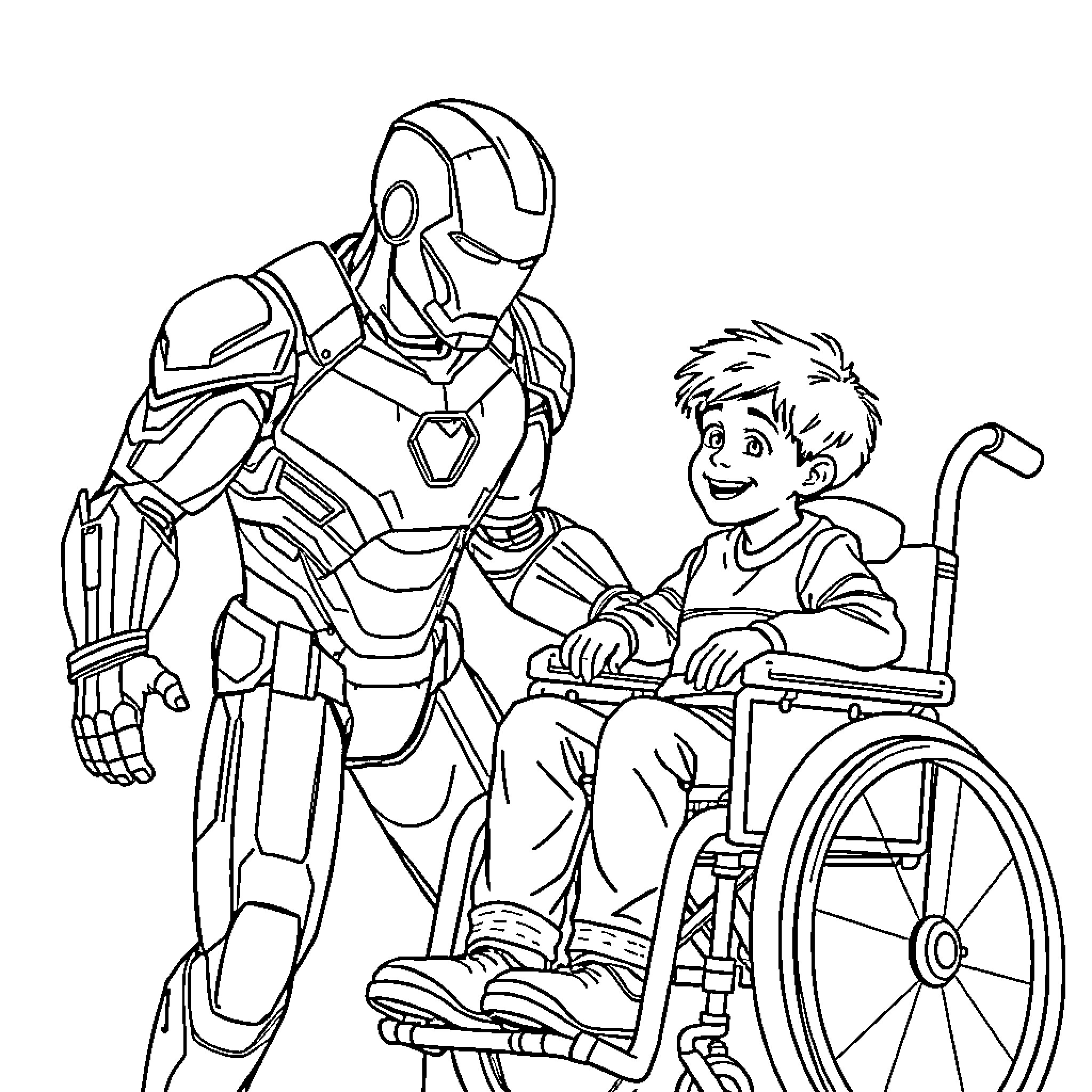 Ironman assisting a young boy in a wheelchair Coloring Page (free black-and-white line drawing printable PDF for all, from beginners to advanced learners, including children, teens, adults, and seniors)