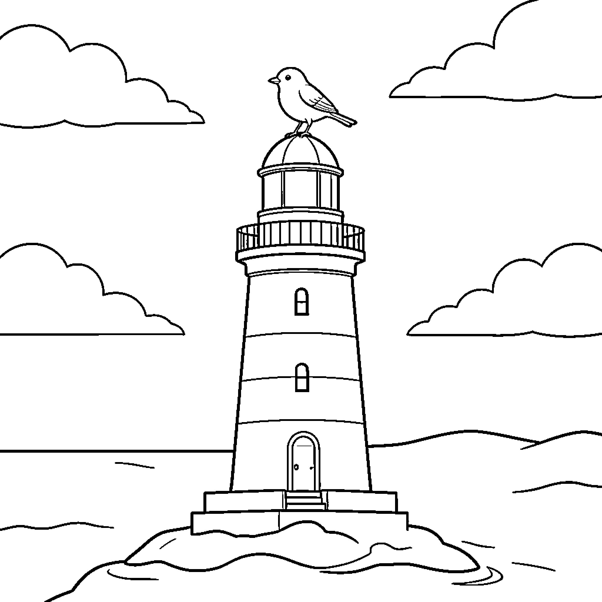 Mésange perched atop a lighthouse overlooking the sea Coloring Page (free black-and-white line drawing printable PDF for all, from beginners to advanced learners, including children, teens, adults, and seniors)