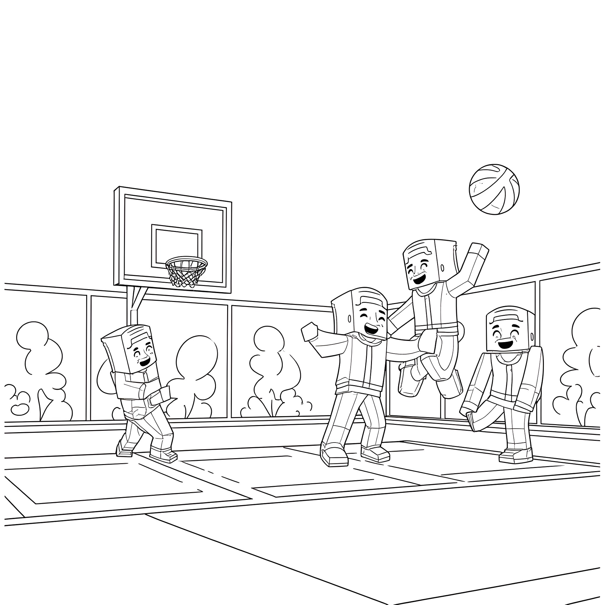 Creeper characters playing basketball on the court Coloring Page (free black-and-white line drawing printable PDF for all, from beginners to advanced learners, including children, teens, adults, and seniors)