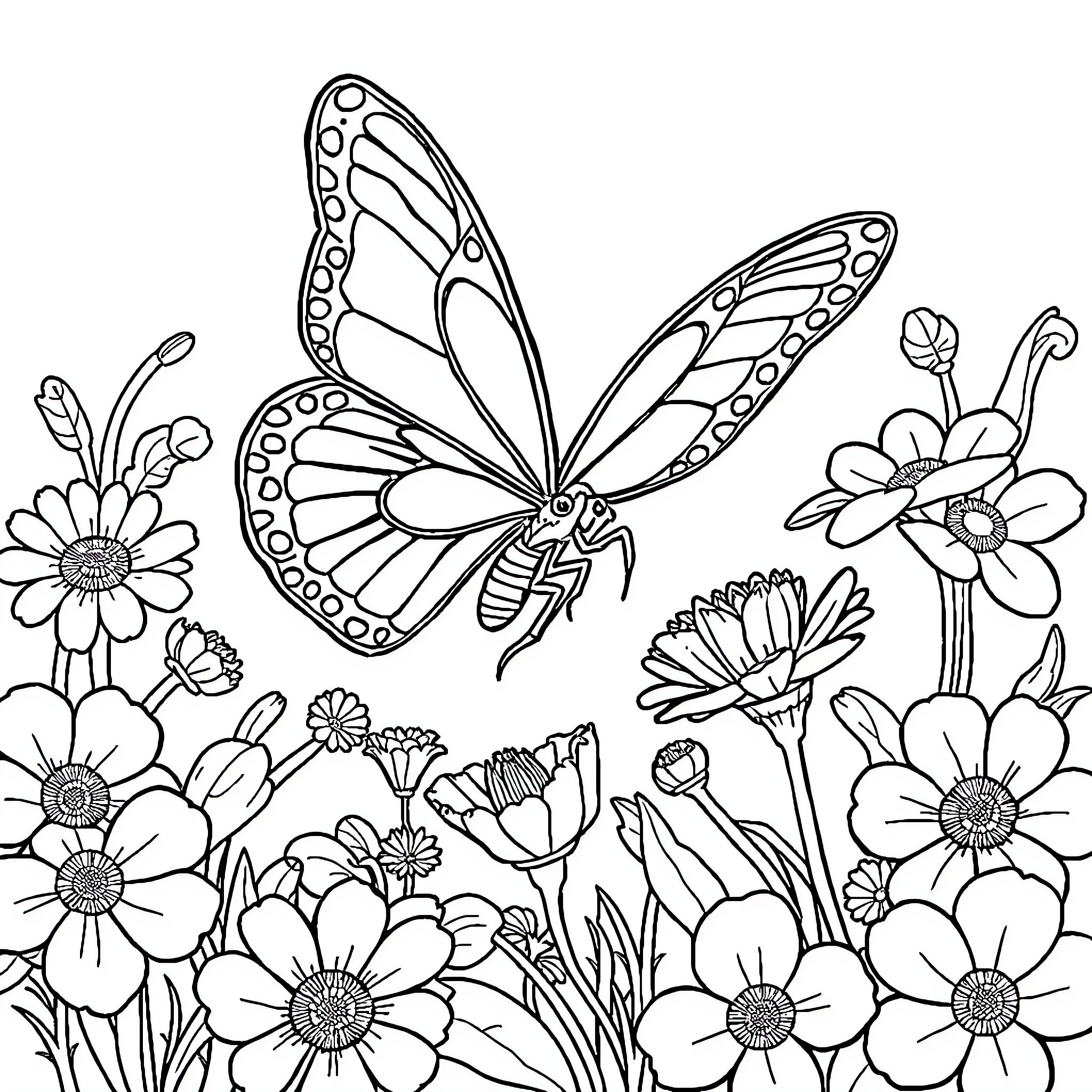 Butterfly exploring a floral garden Coloring Page (free black-and-white line drawing printable PDF for all, from beginners to advanced learners, including children, teens, adults, and seniors)