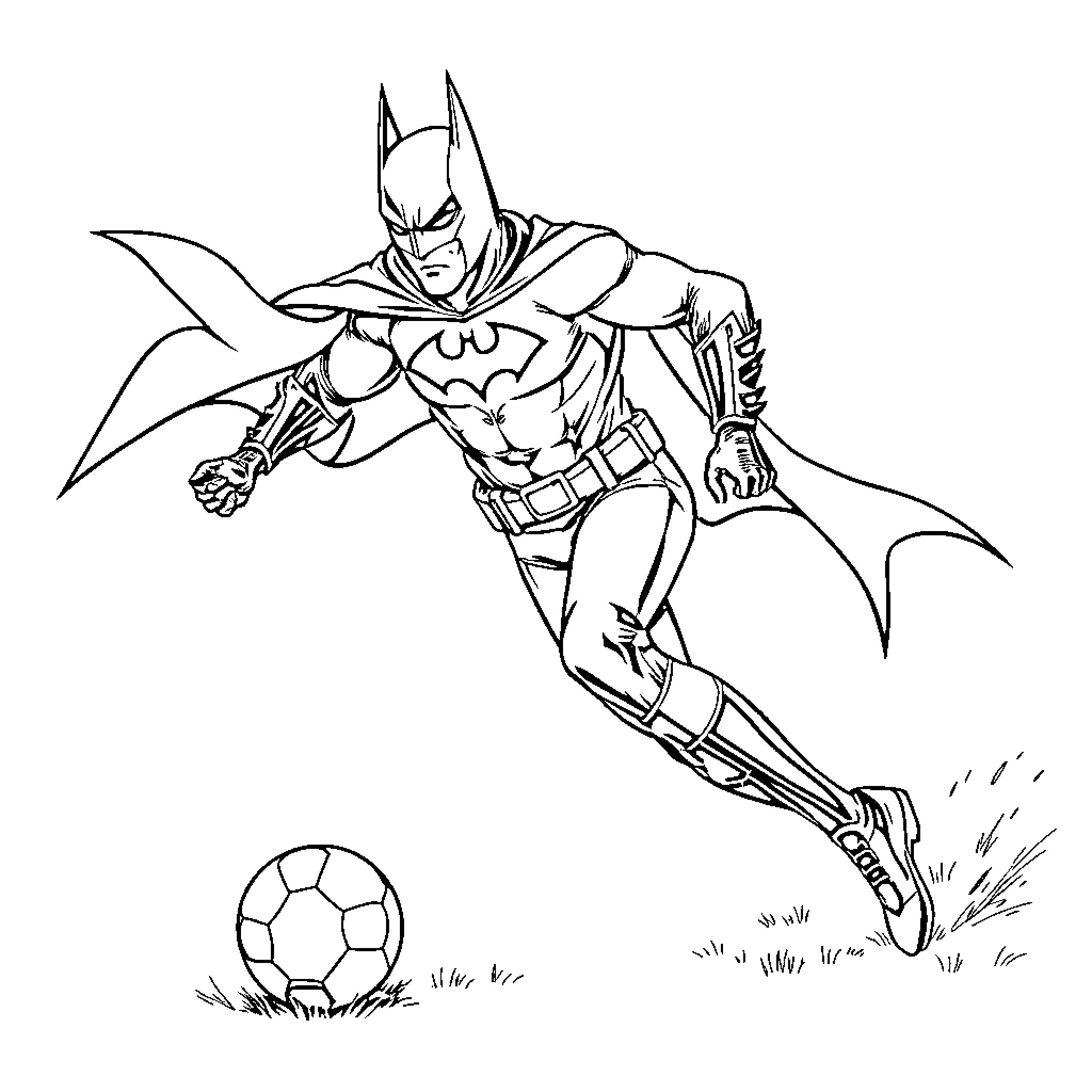 Batman playing with a soccer ball Coloring Page (free black-and-white line drawing printable PDF for all, from beginners to advanced learners, including children, teens, adults, and seniors)