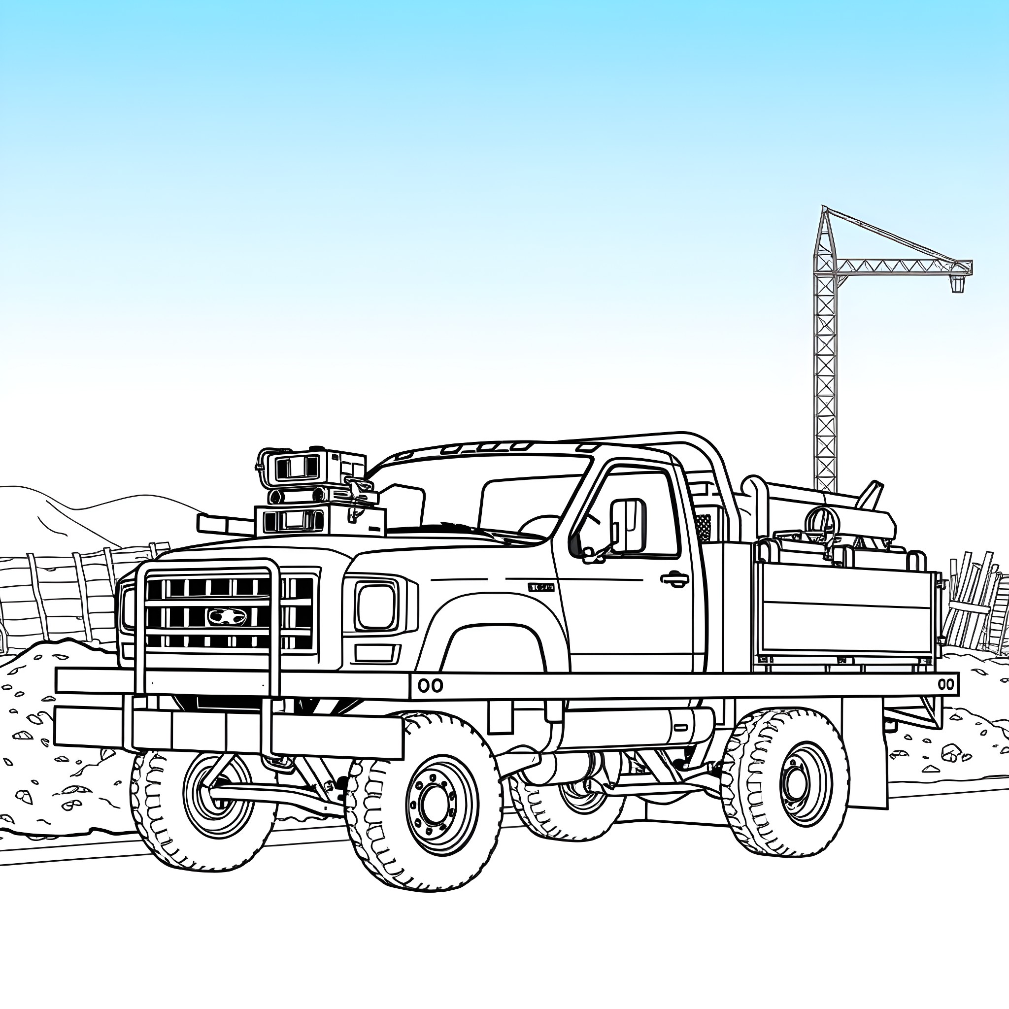 Pickup truck with construction equipment on site Coloring Page (free black-and-white line drawing printable PDF for all, from beginners to advanced learners, including children, teens, adults, and seniors)
