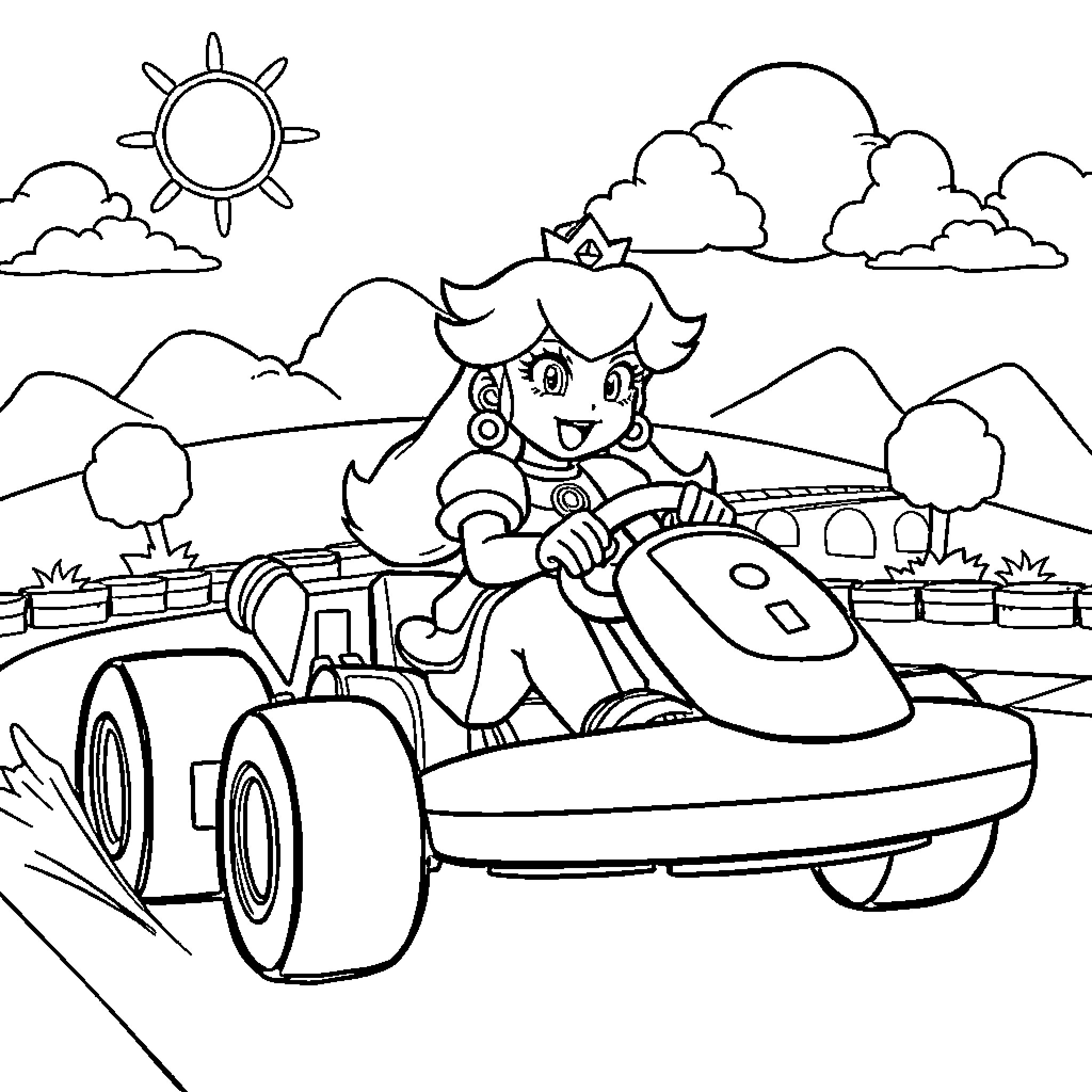 Princess Driving a Kart Through the Countryside Coloring Page (free black-and-white line drawing printable PDF for all, from beginners to advanced learners, including children, teens, adults, and seniors)