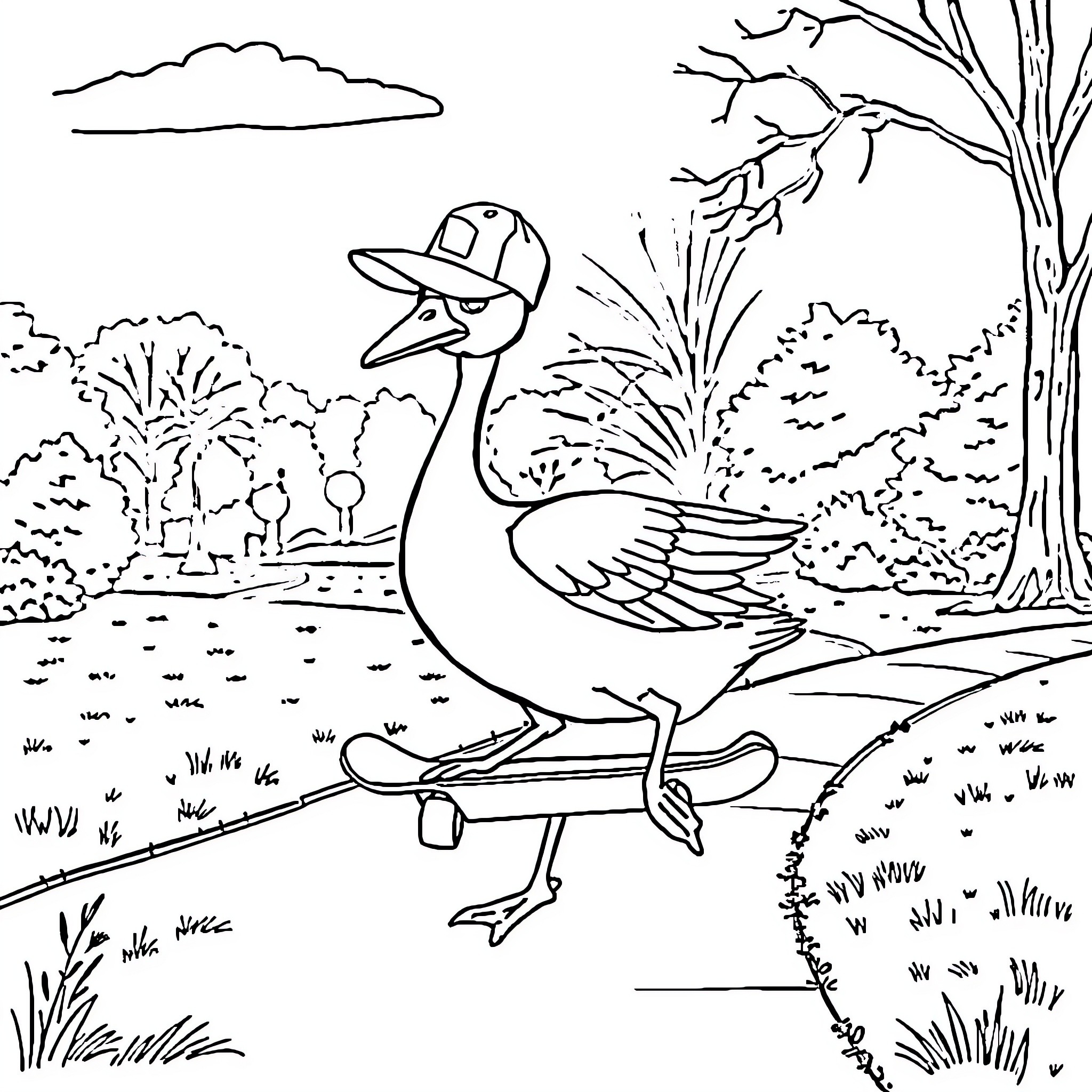 Goose enjoying a skateboard ride in the park Coloring Page (free black-and-white line drawing printable PDF for all, from beginners to advanced learners, including children, teens, adults, and seniors)