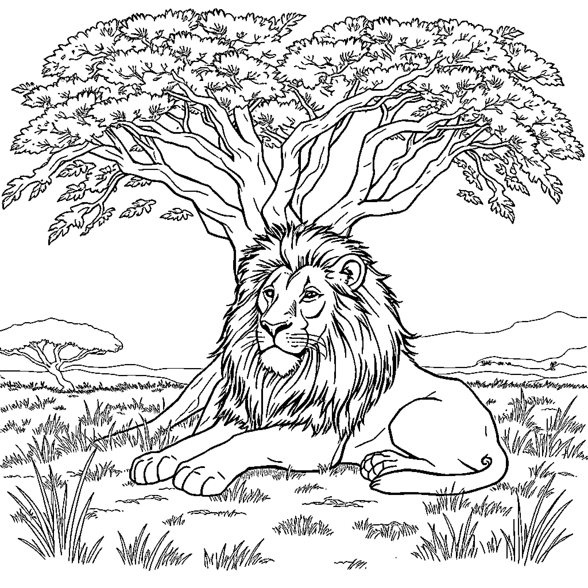 Lion resting beneath a large tree Coloring Page (free black-and-white line drawing printable PDF for all, from beginners to advanced learners, including children, teens, adults, and seniors)