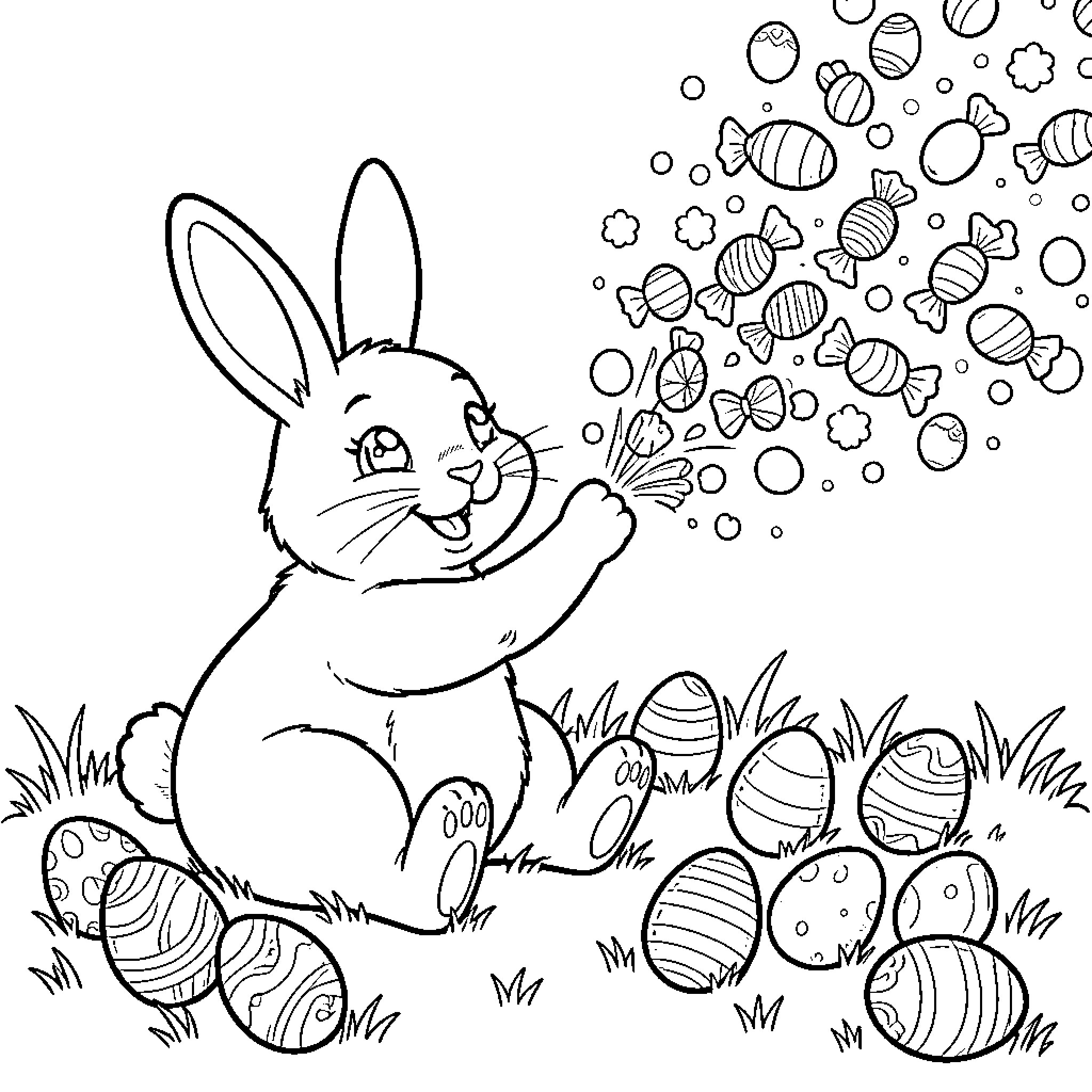 Easter Bunny blowing bubbles among colorful eggs Coloring Page (free black-and-white line drawing printable PDF for all, from beginners to advanced learners, including children, teens, adults, and seniors)
