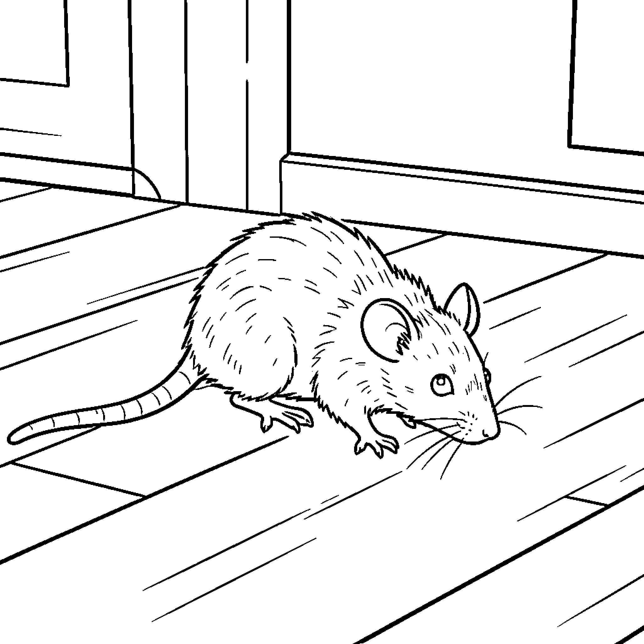 Mouse scurrying across a wooden floor Coloring Page (free black-and-white line drawing printable PDF for all, from beginners to advanced learners, including children, teens, adults, and seniors)