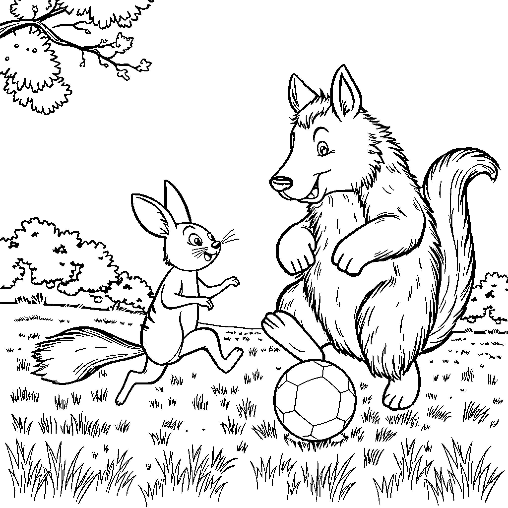 Conejo playing with wolf cub in natural setting Coloring Page (free black-and-white line drawing printable PDF for all, from beginners to advanced learners, including children, teens, adults, and seniors)
