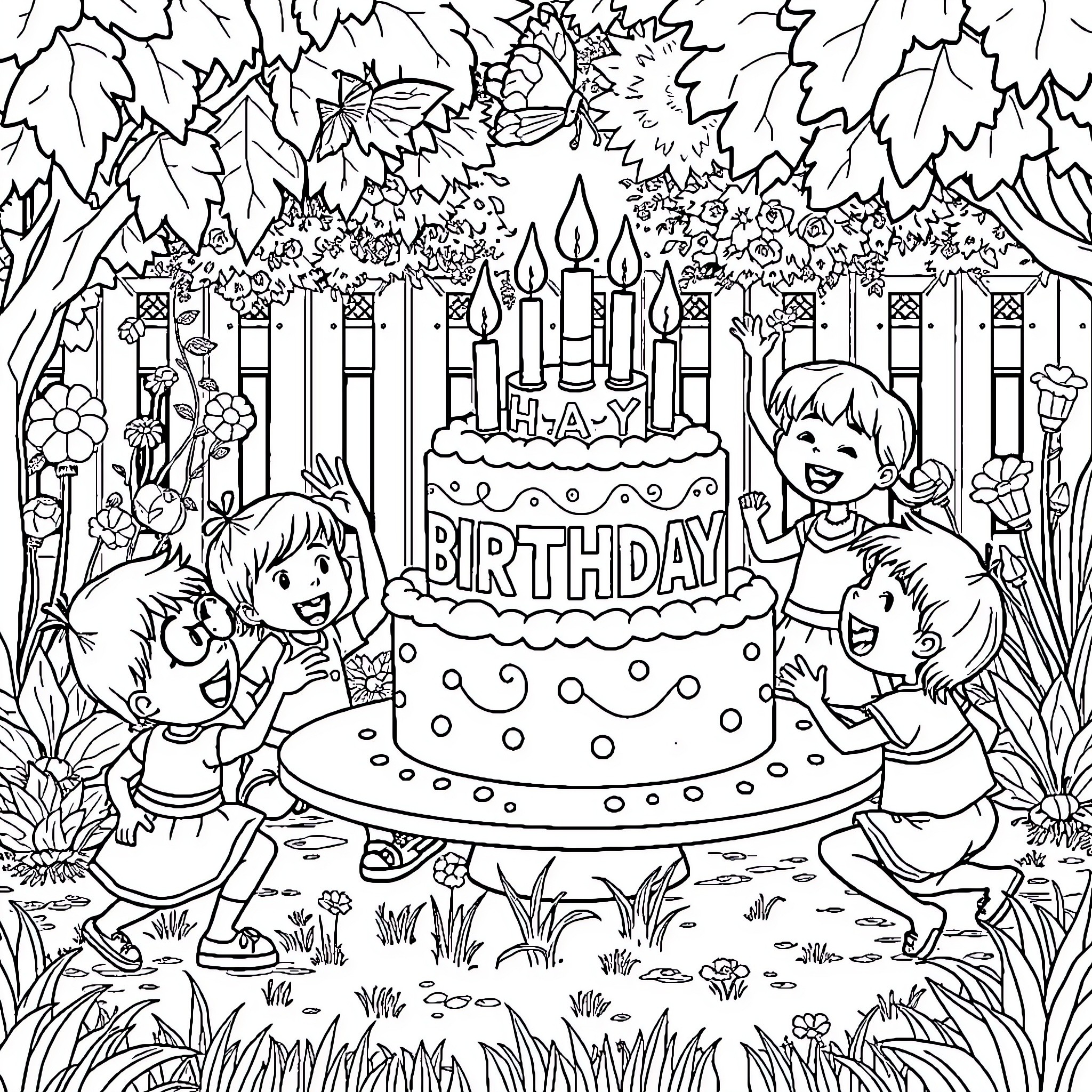Birthday Party with Cake, Candles, and Cheerful Children Coloring Page (free black-and-white line drawing printable PDF for all, from beginners to advanced learners, including children, teens, adults, and seniors)