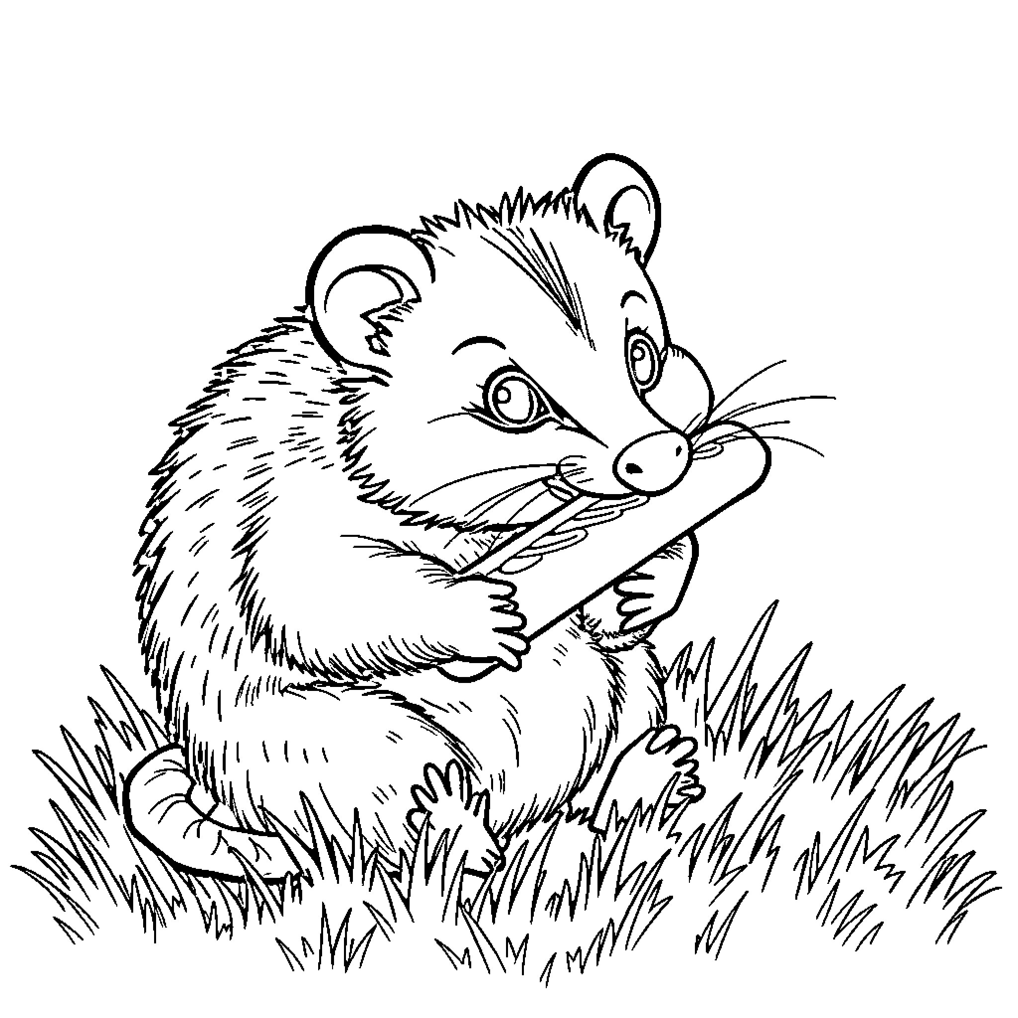 Possum exploring the grassy field Coloring Page (free black-and-white line drawing printable PDF for all, from beginners to advanced learners, including children, teens, adults, and seniors)