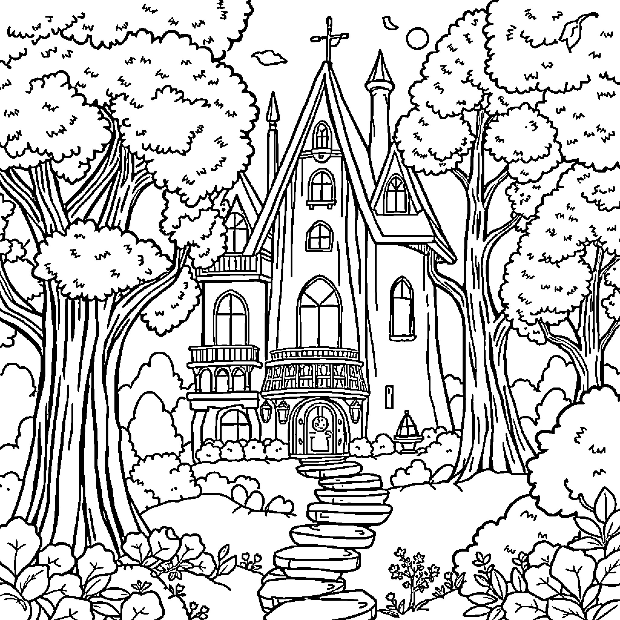 Mouse exploring the enchanting fairy-tale castle in the woods Coloring Page (free black-and-white line drawing printable PDF for all, from beginners to advanced learners, including children, teens, adults, and seniors)