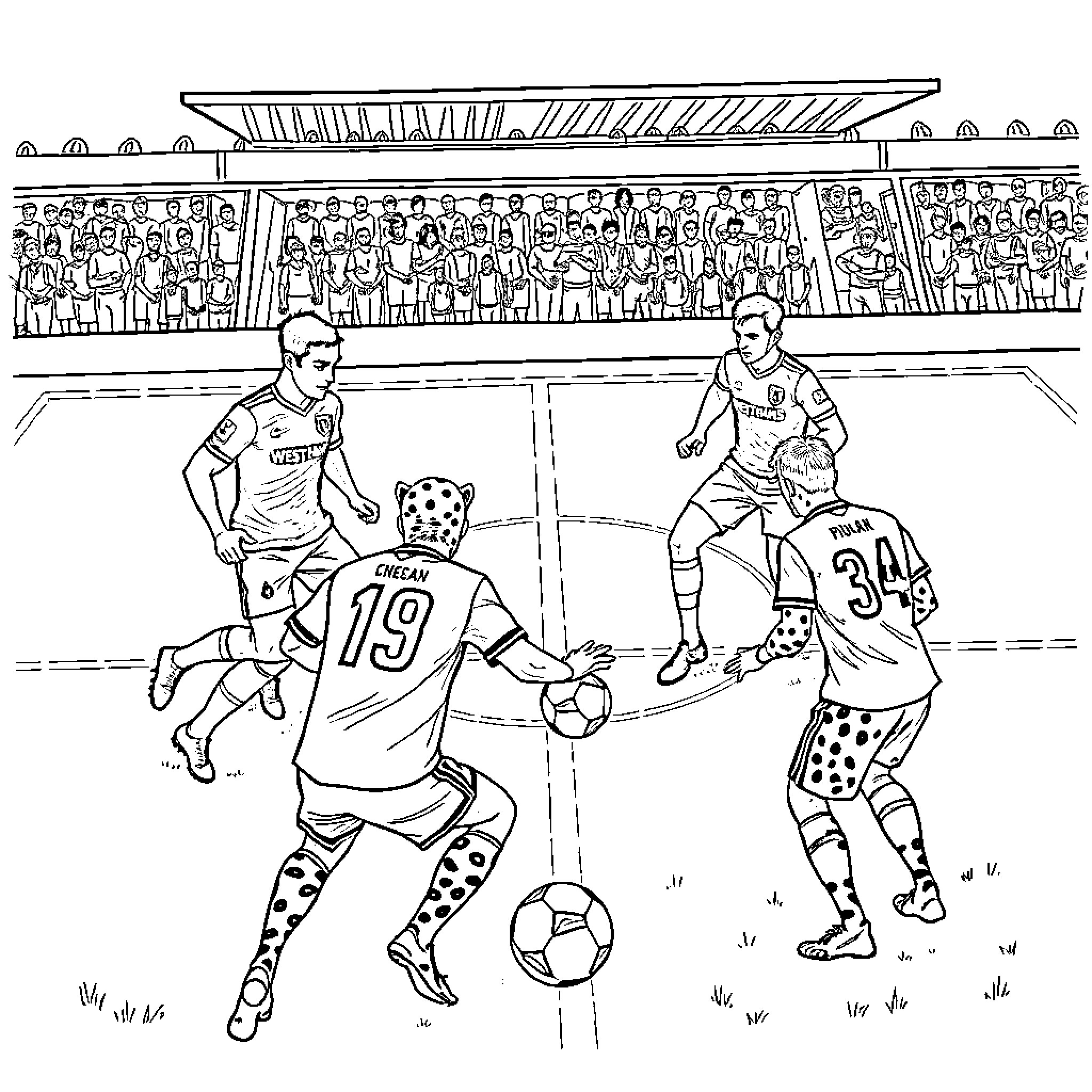 Cheetahs Competing in Intense Soccer Match Coloring Page (free black-and-white line drawing printable PDF for all, from beginners to advanced learners, including children, teens, adults, and seniors)