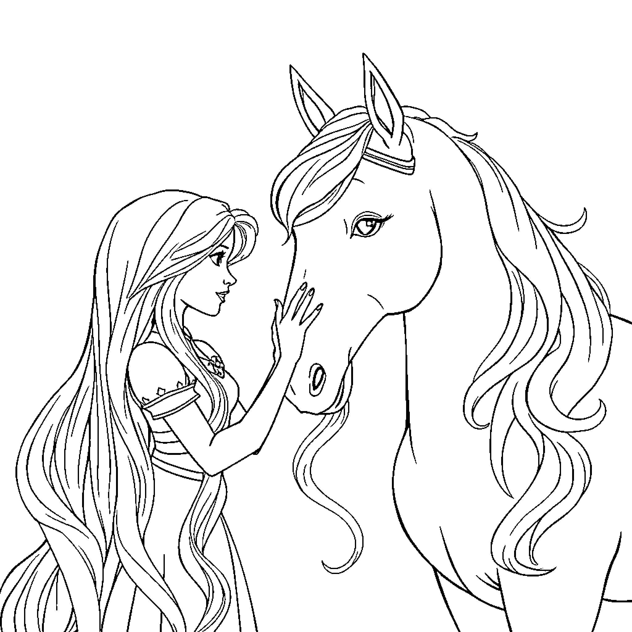 Rapunzel and her majestic horse Coloring Page (free black-and-white line drawing printable PDF for all, from beginners to advanced learners, including children, teens, adults, and seniors)