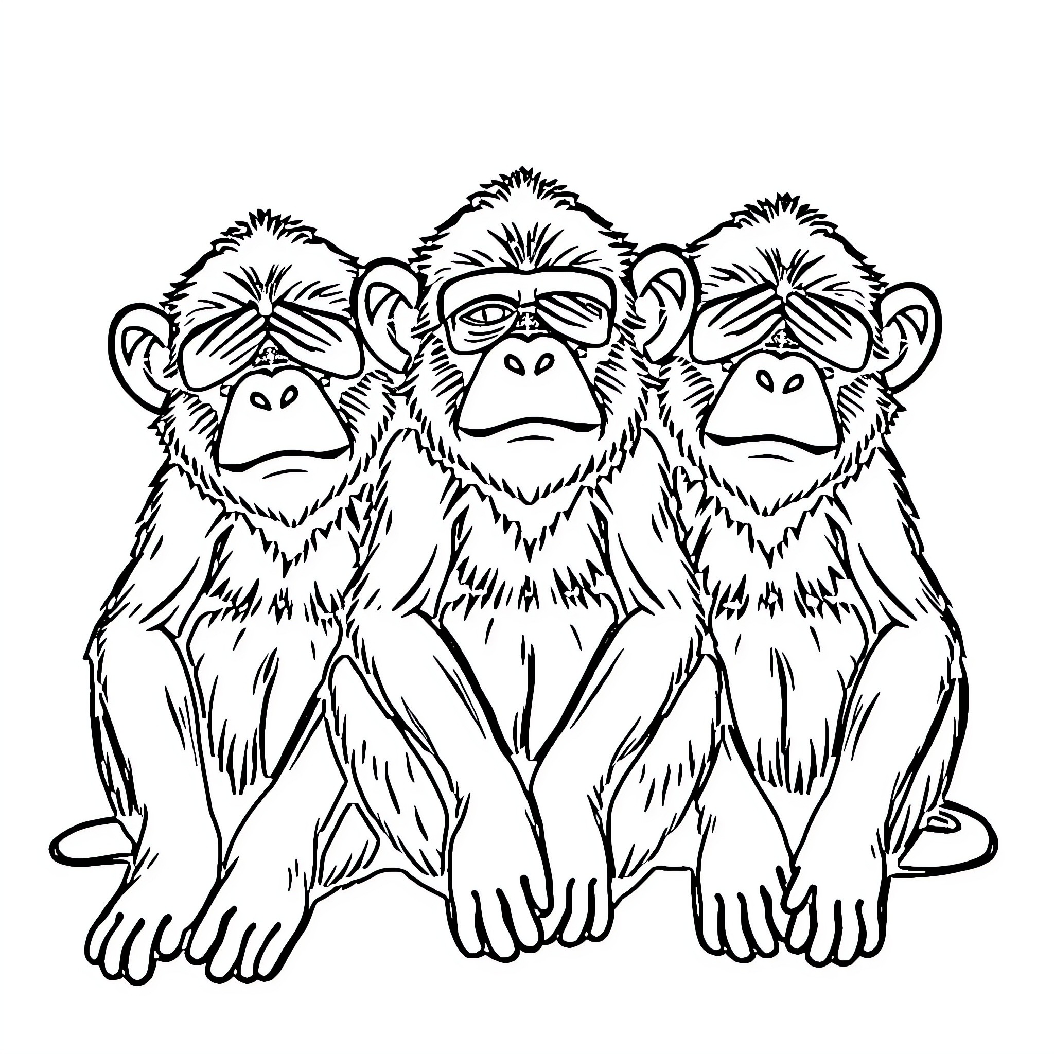 Monkey trio expressing different emotions Coloring Page (free black-and-white line drawing printable PDF for all, from beginners to advanced learners, including children, teens, adults, and seniors)