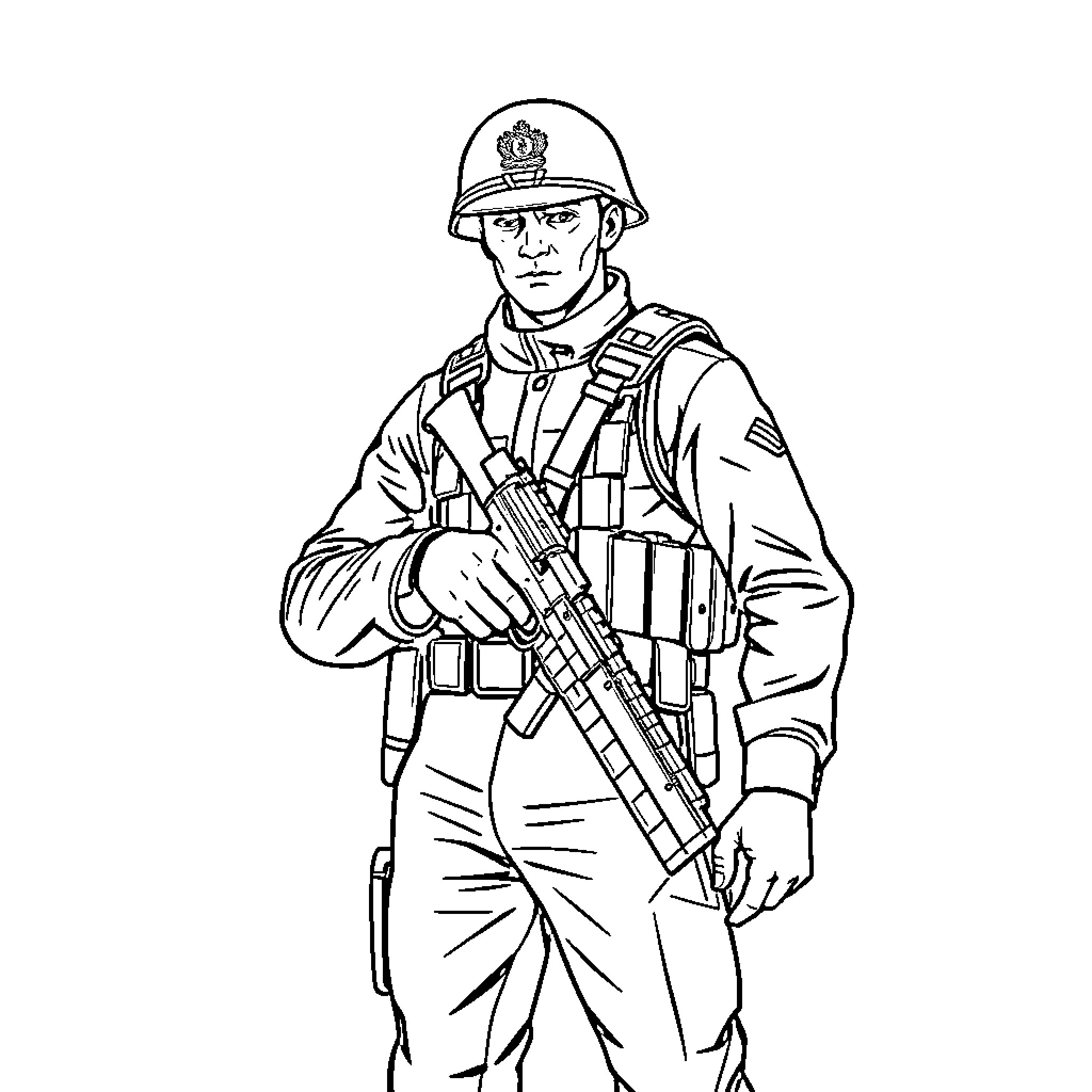 Soldier holding assault rifle in combat uniform Coloring Page (free black-and-white line drawing printable PDF for all, from beginners to advanced learners, including children, teens, adults, and seniors)