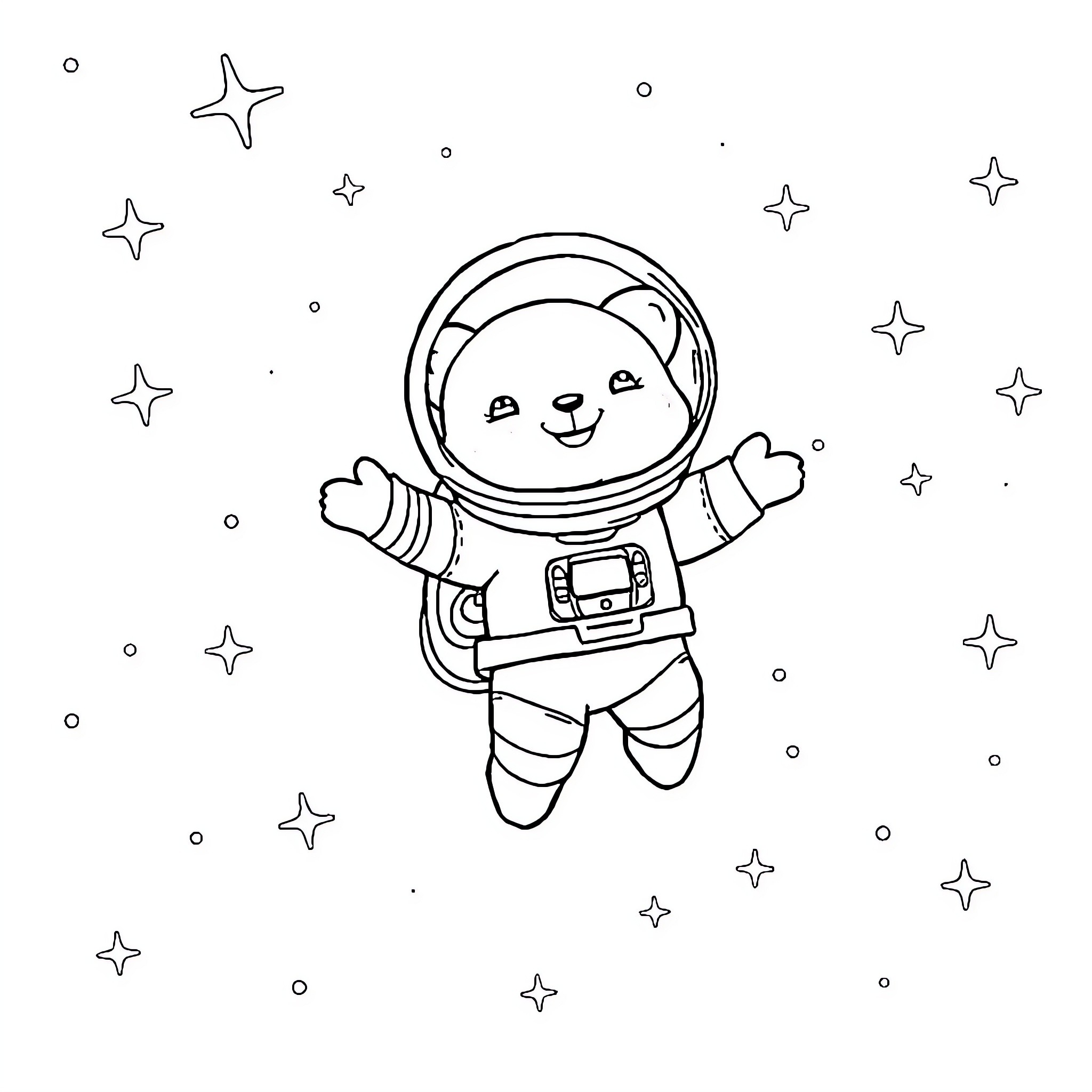 Astronaut sloth exploring the starry cosmos Coloring Page (free black-and-white line drawing printable PDF for all, from beginners to advanced learners, including children, teens, adults, and seniors)