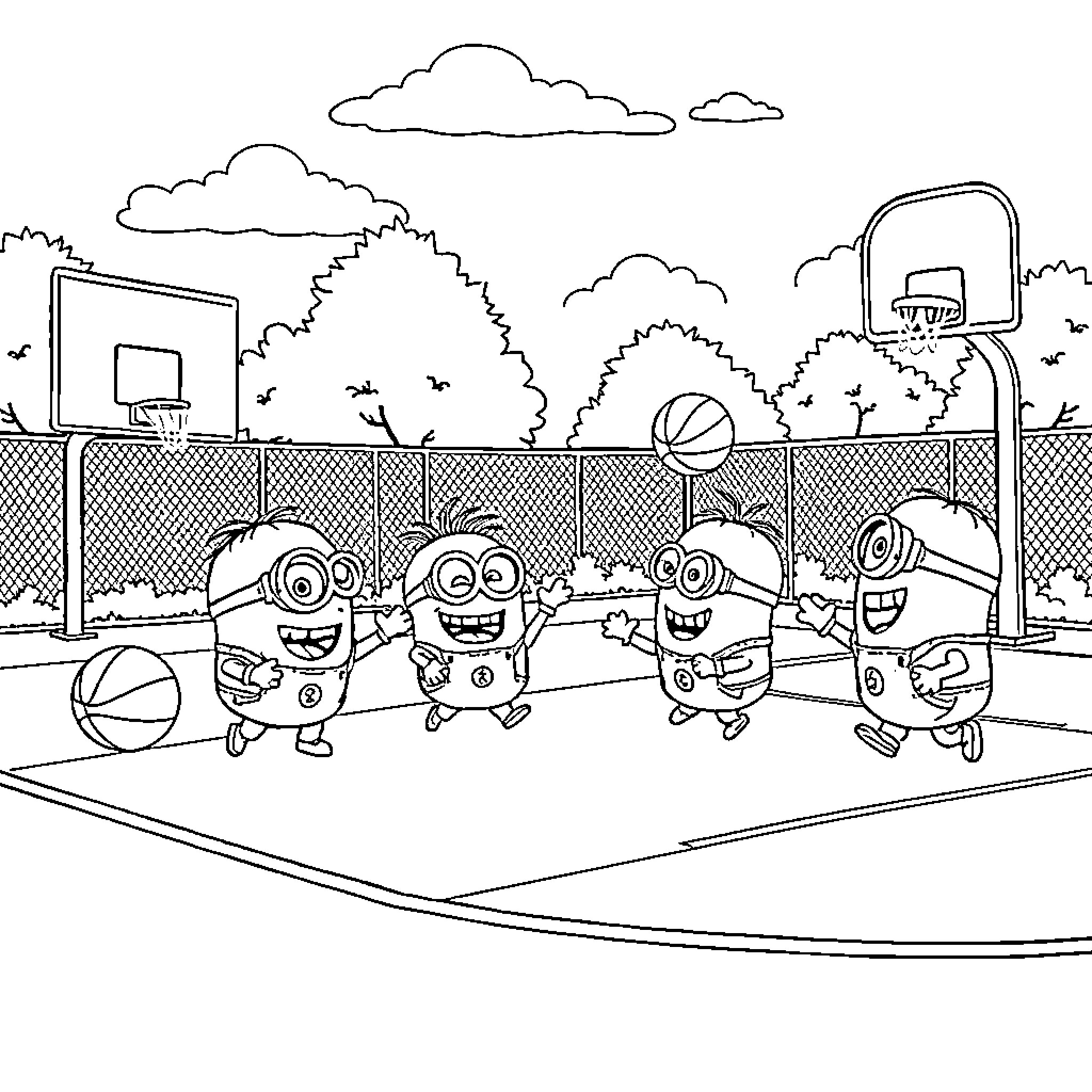 Minions playing basketball on the court Coloring Page (free black-and-white line drawing printable PDF for all, from beginners to advanced learners, including children, teens, adults, and seniors)
