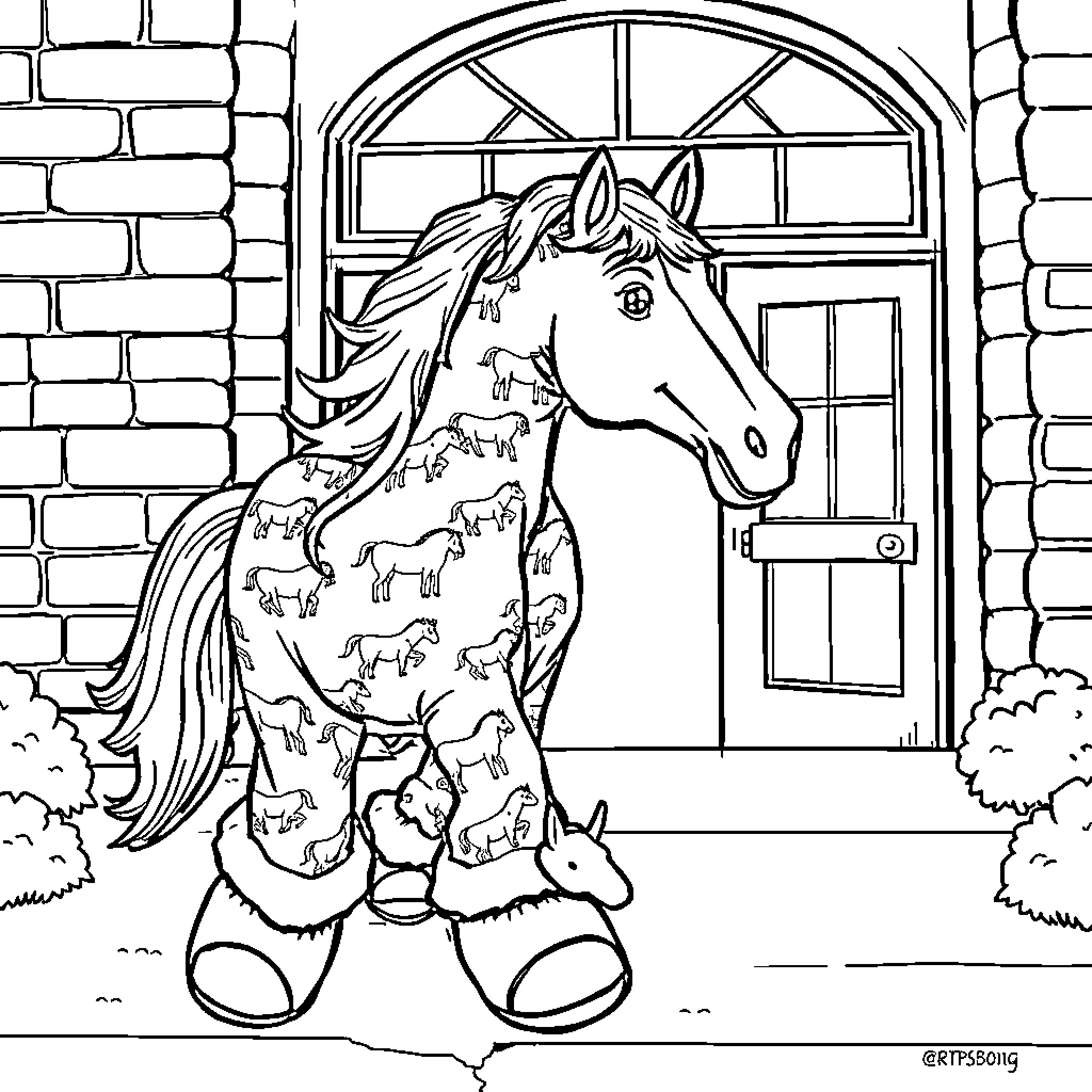 Mustang in Patterned Outfit at Brick Building Coloring Page (free black-and-white line drawing printable PDF for all, from beginners to advanced learners, including children, teens, adults, and seniors)