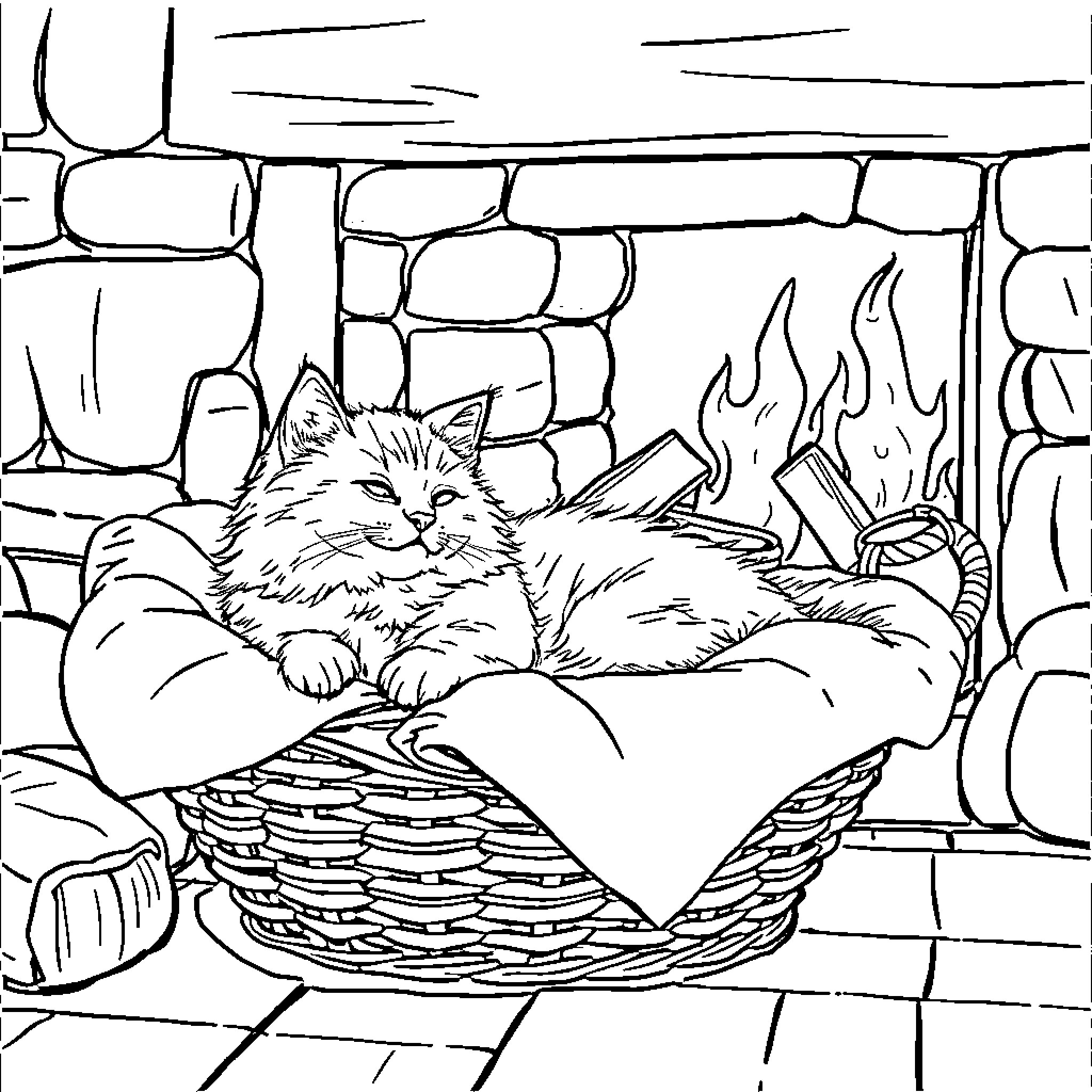 Cat resting comfortably by the fireplace Coloring Page (free black-and-white line drawing printable PDF for all, from beginners to advanced learners, including children, teens, adults, and seniors)