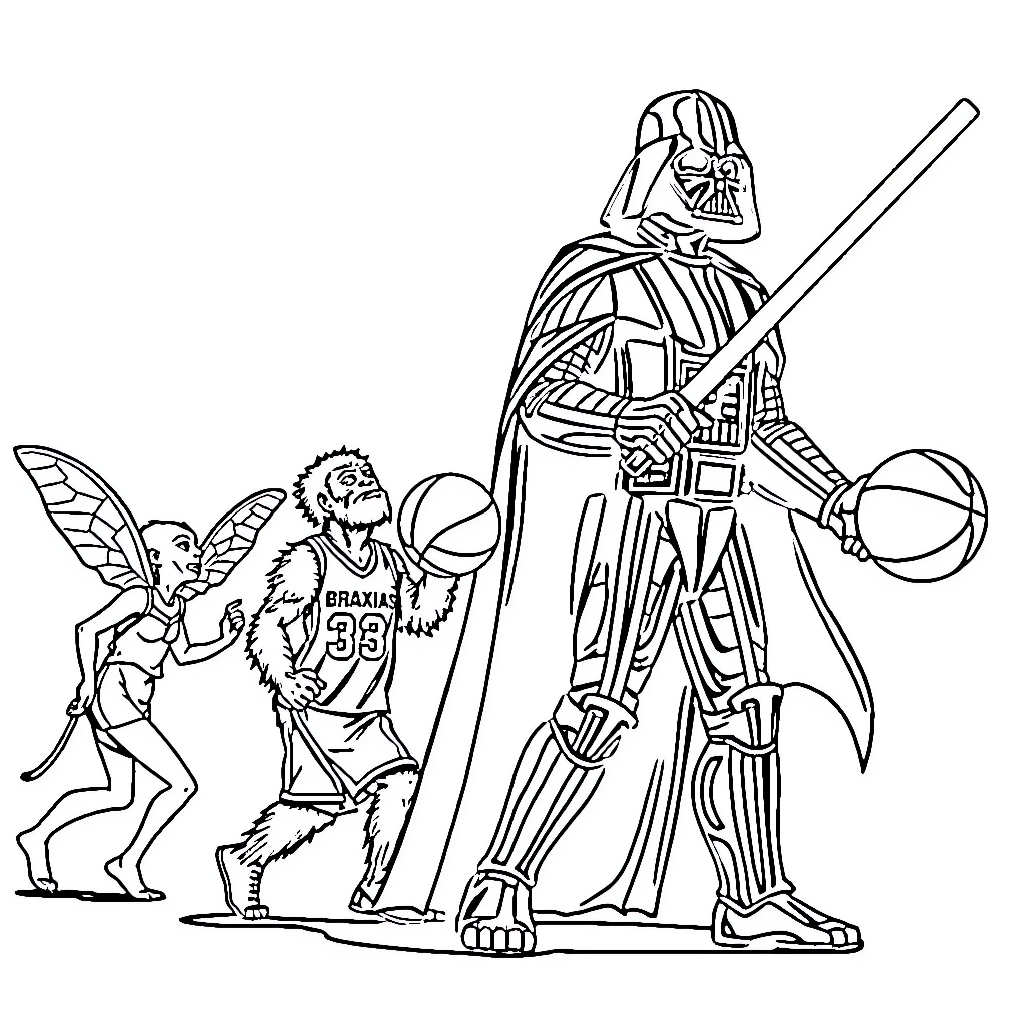 Mothman and Darth Vader facing off Coloring Page (free black-and-white line drawing printable PDF for all, from beginners to advanced learners, including children, teens, adults, and seniors)