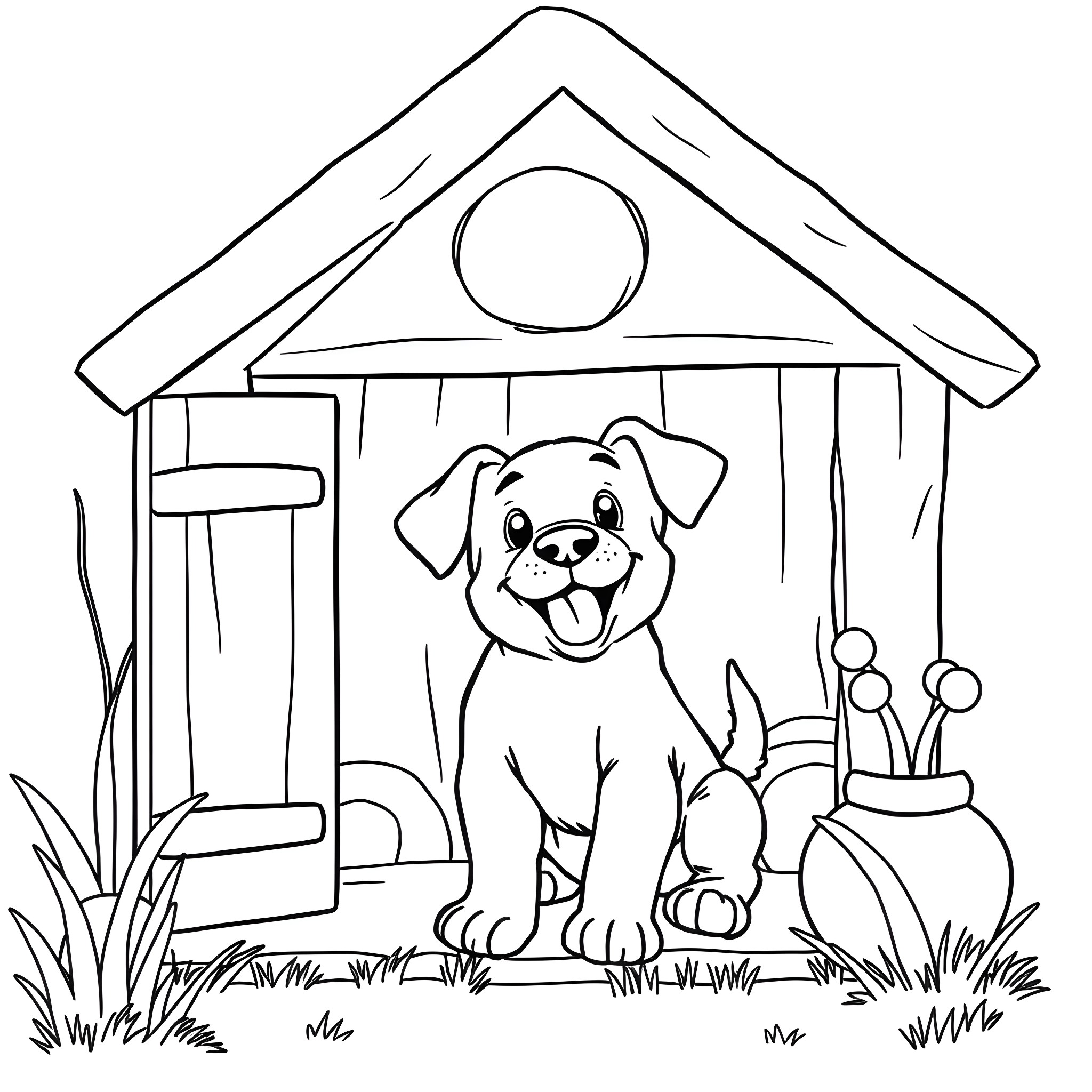 Puppy playing happily outside its doghouse Coloring Page (free black-and-white line drawing printable PDF for all, from beginners to advanced learners, including children, teens, adults, and seniors)