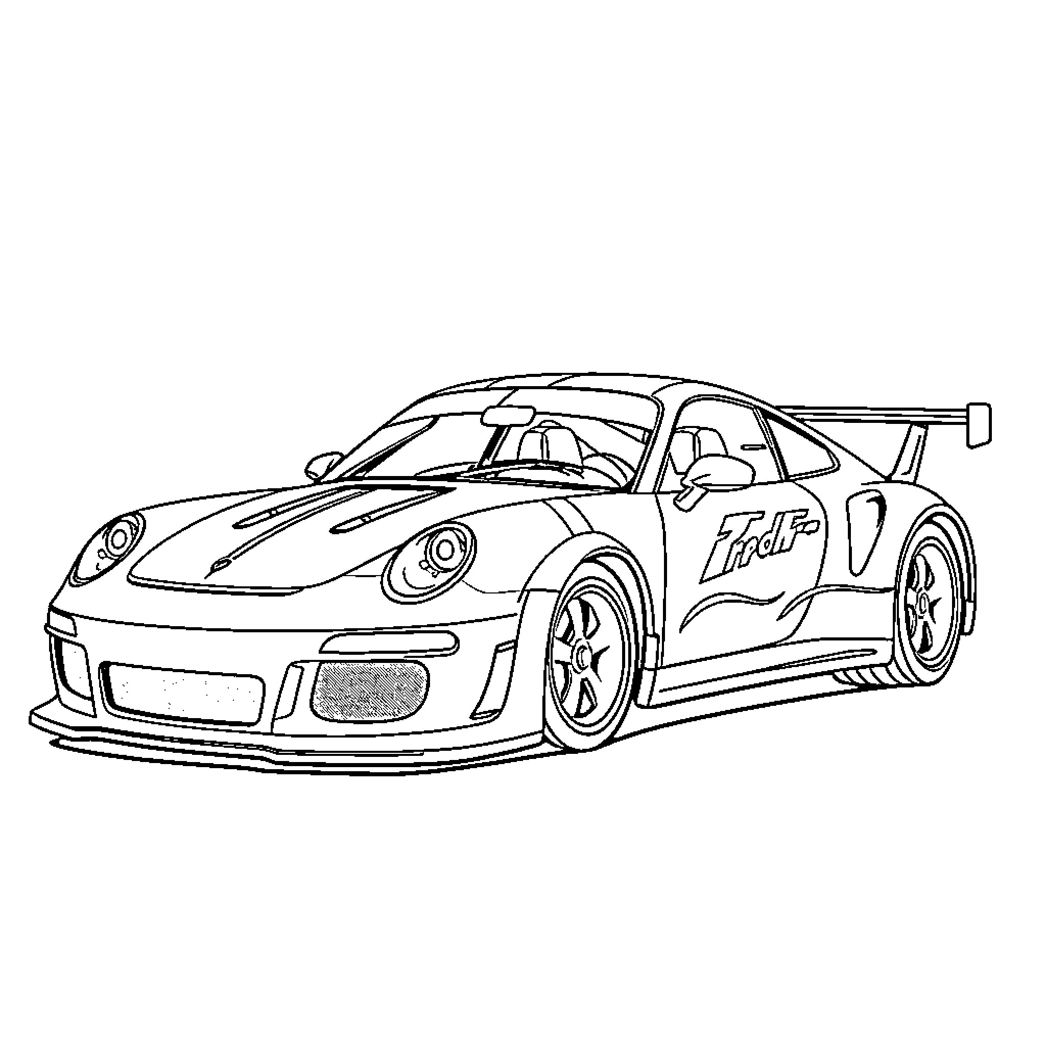 Race Car in Action on the Track Coloring Page (free black-and-white line drawing printable PDF for all, from beginners to advanced learners, including children, teens, adults, and seniors)