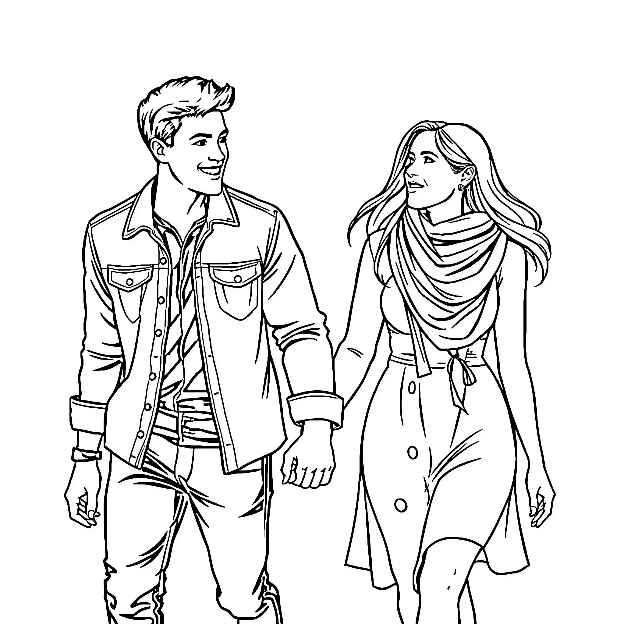 Couple enjoying a casual outing together Coloring Page (free black-and-white line drawing printable PDF for all, from beginners to advanced learners, including children, teens, adults, and seniors)