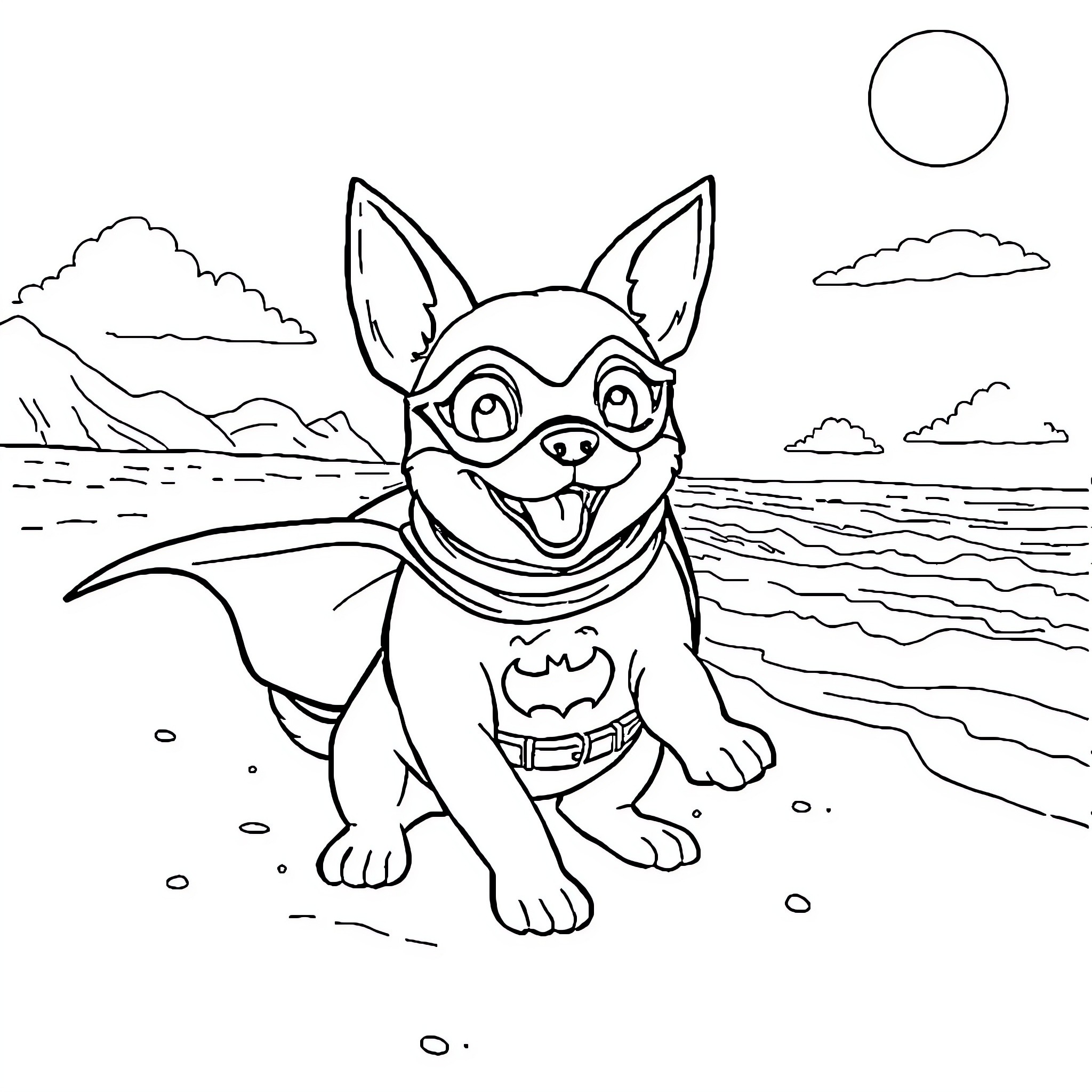 Dog superhero enjoying the beach Coloring Page (free black-and-white line drawing printable PDF for all, from beginners to advanced learners, including children, teens, adults, and seniors)